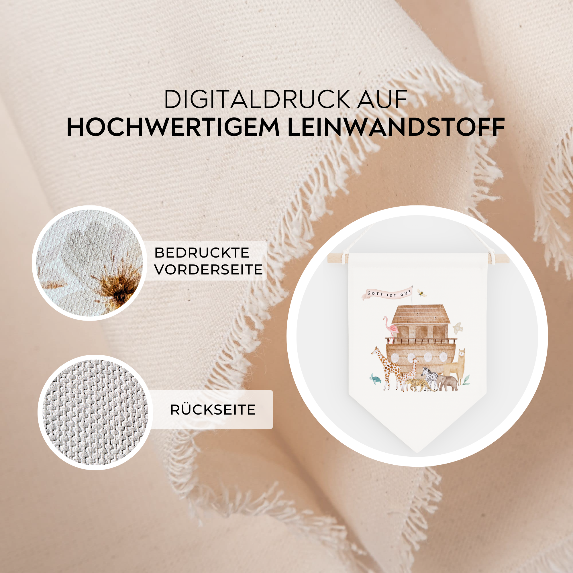 Leinwand-Wimpel mit Buchenholz-Aufhängung "Gott ist gut" · Arche Noah