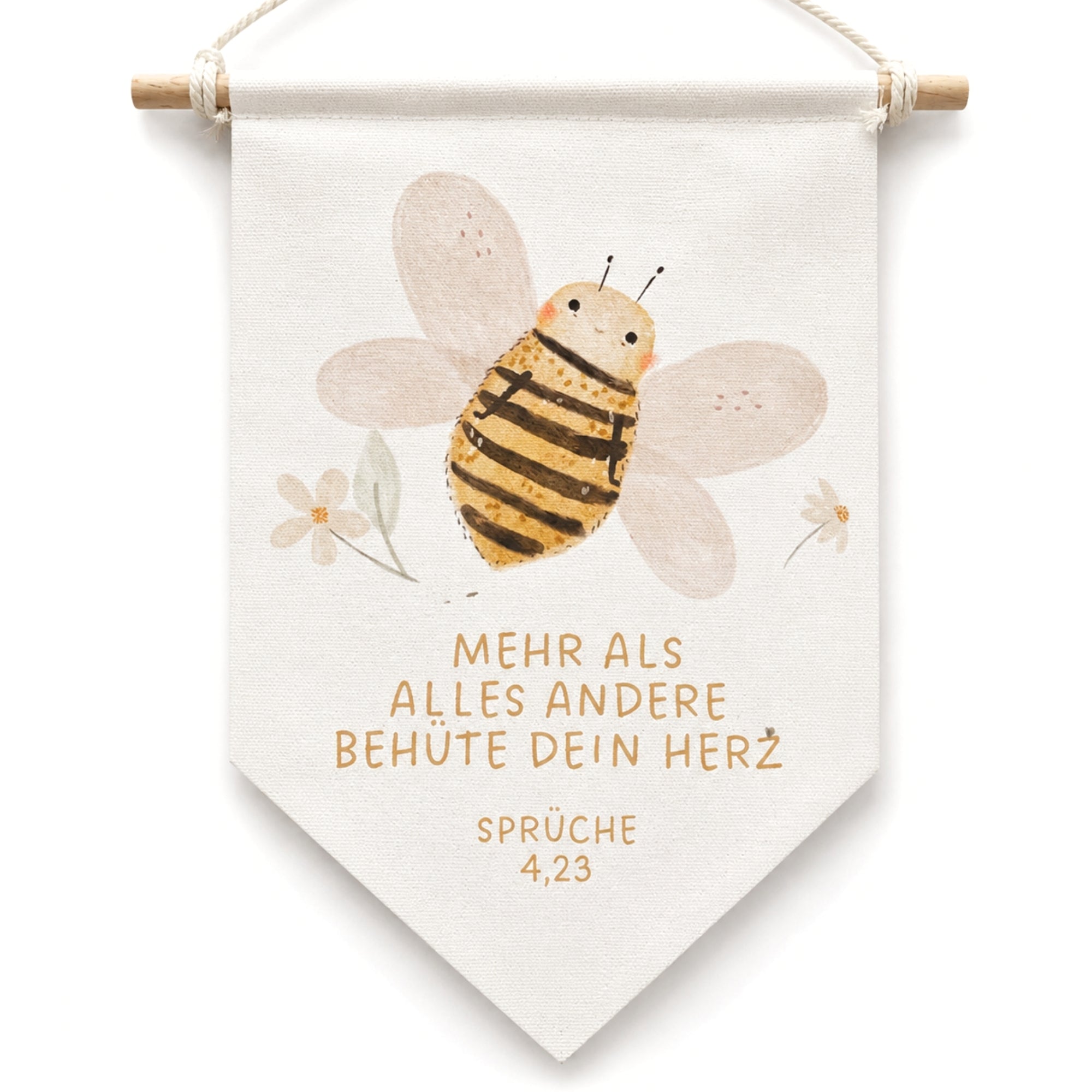 Leinwand-Wimpel mit Buchenholz-Aufhängung "Behüte dein Herz" · Schmetterling