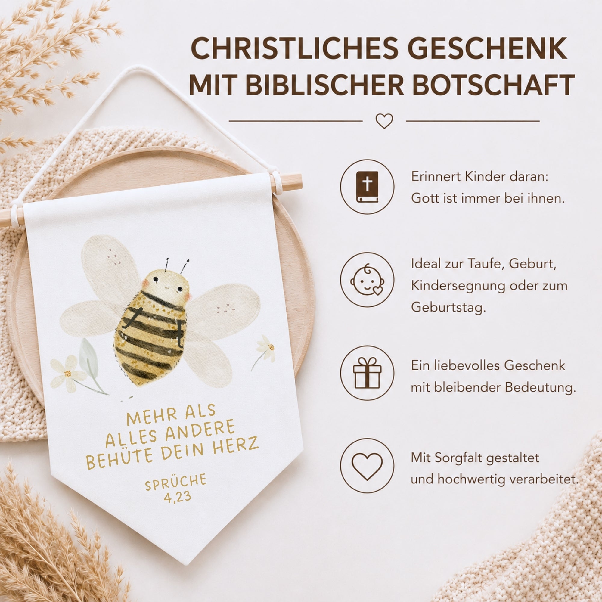 Leinwand-Wimpel mit Buchenholz-Aufhängung "Behüte dein Herz" · Schmetterling