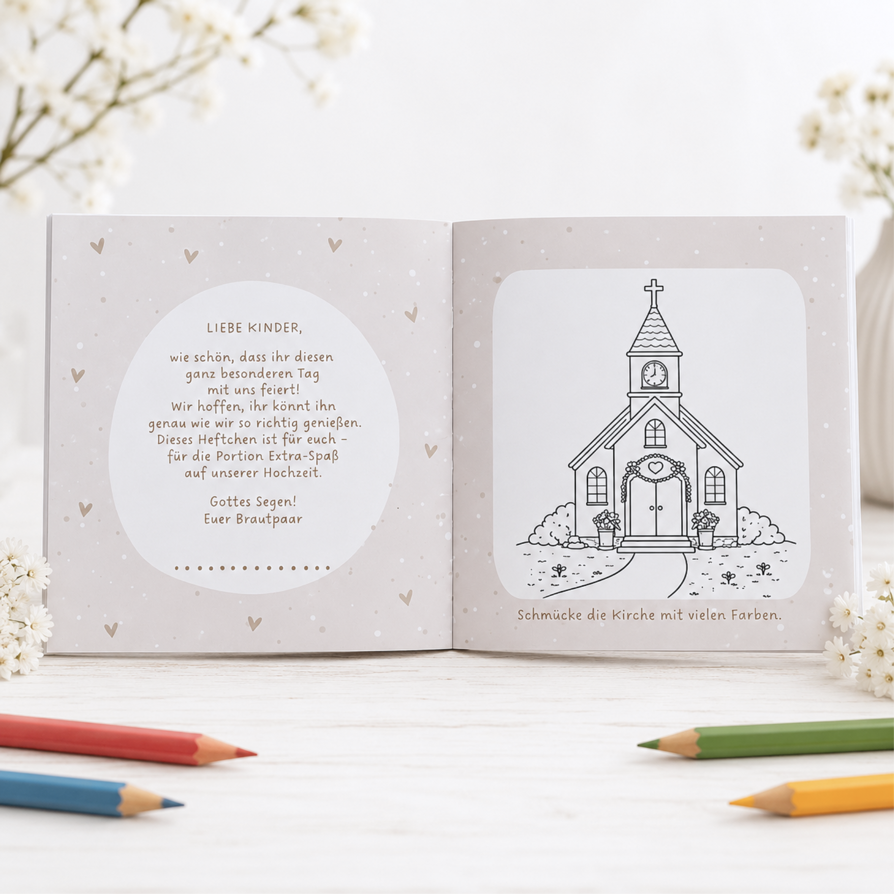 Hochzeitsmalbuch für Kinder mit Malbildern, Rätseln, Spielen