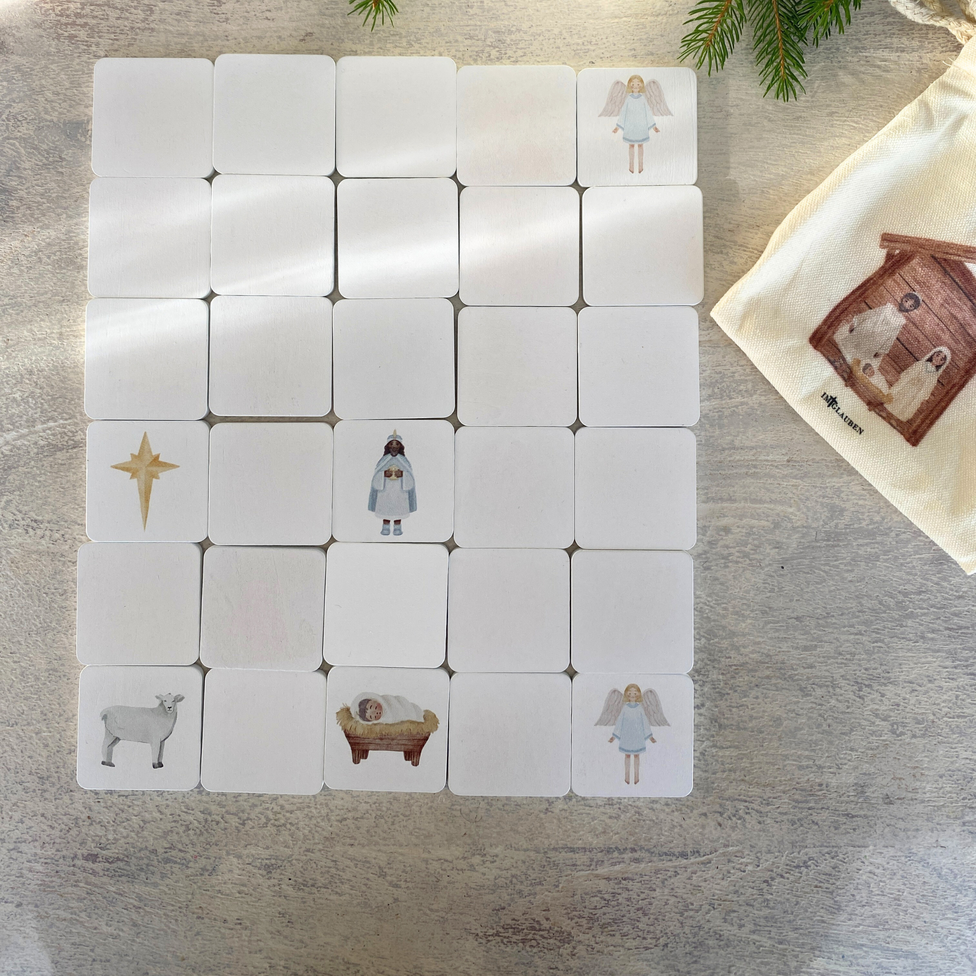 Holz-Memory Weihnachtsgeschichte | 30 Holzplättchen | Aquarell-Illustrationen | Lernspiel