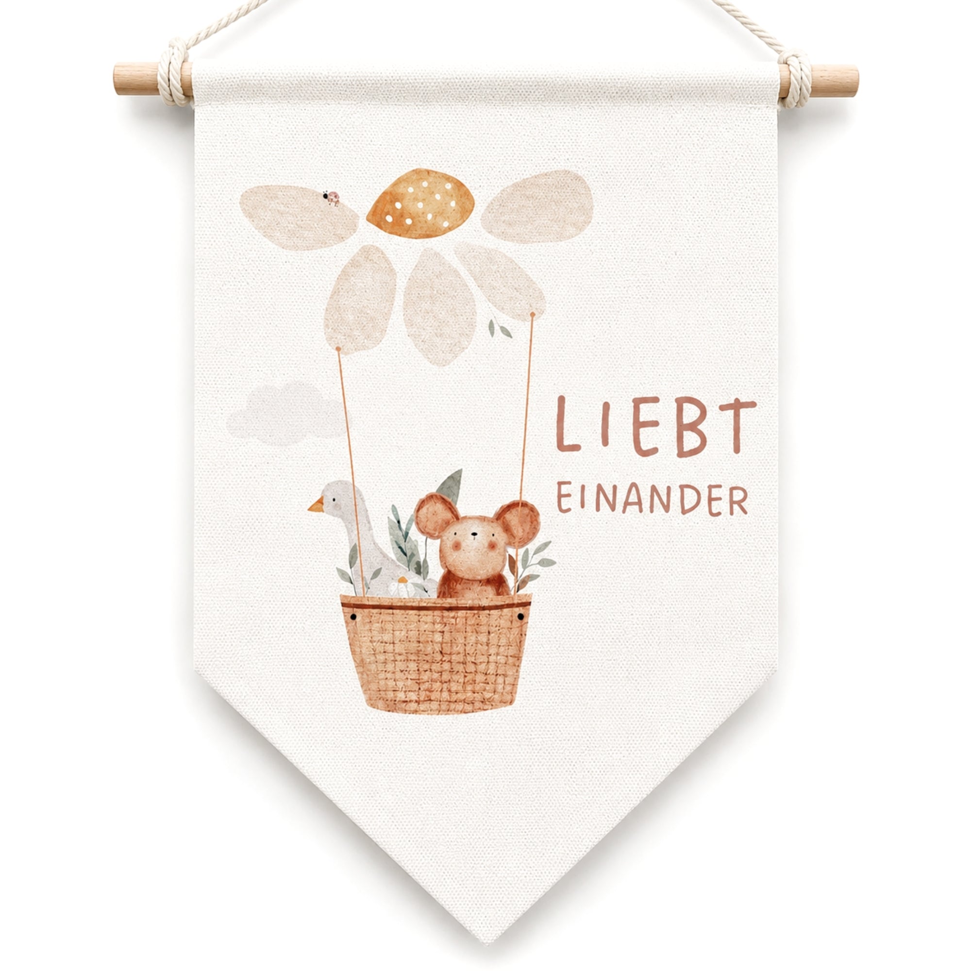 Leinwand-Wimpel mit Buchenholz-Aufhängung "Liebt einander" · Maus & Gans