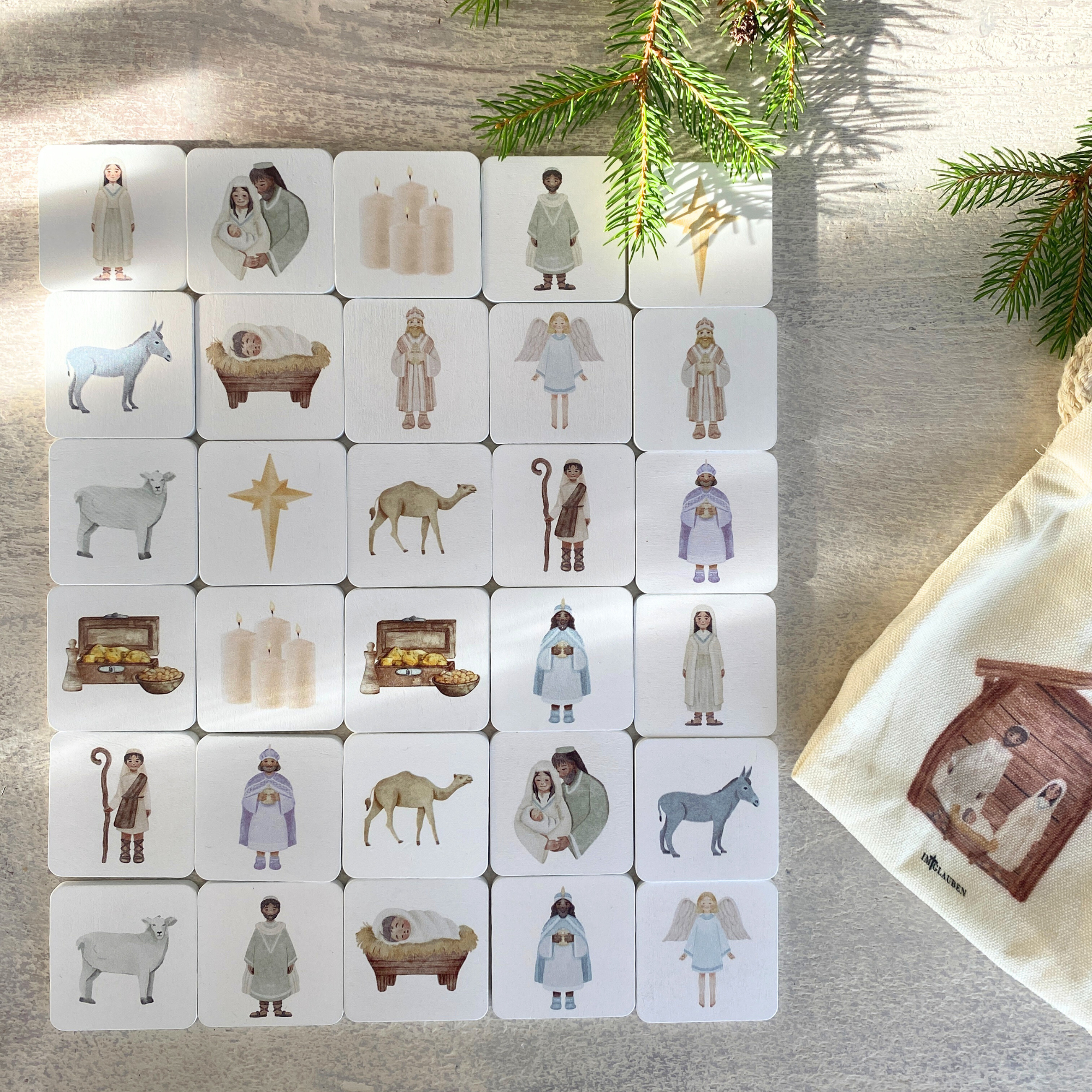Holz-Memory Weihnachtsgeschichte | 30 Holzplättchen | Aquarell-Illustrationen | Lernspiel
