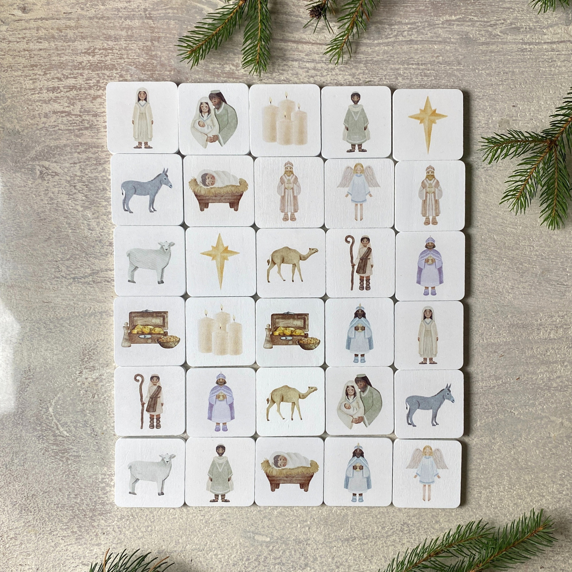Holz-Memory Weihnachtsgeschichte | 30 Holzplättchen | Aquarell-Illustrationen | Lernspiel