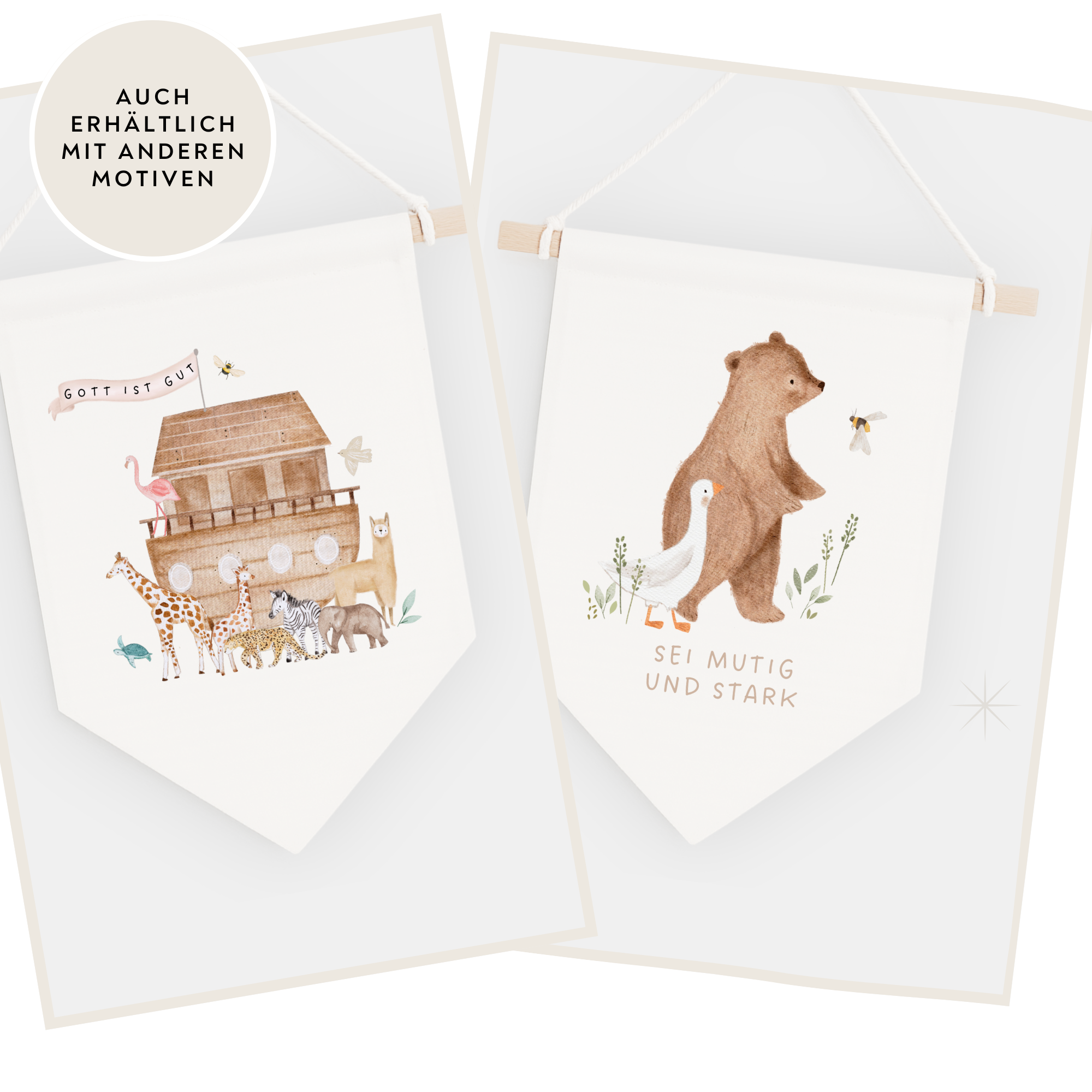 Leinwand-Wimpel mit Buchenholz-Aufhängung "Wunderbar gemacht" · Waldtiere