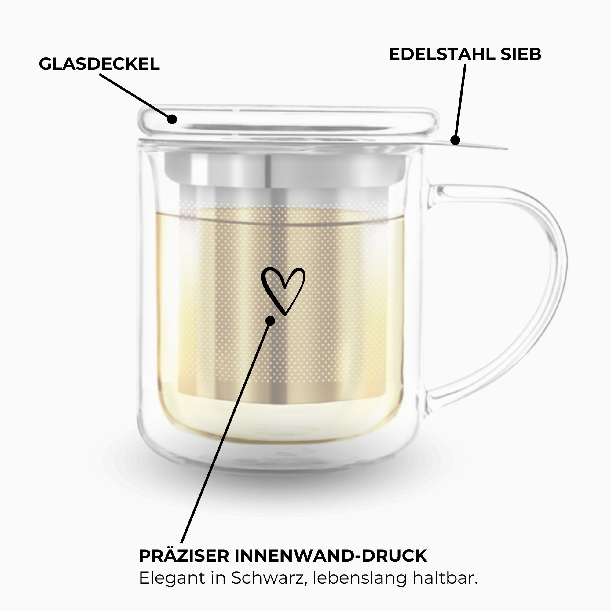 Thermotasse Glas "Start your day" · 350ml · inkl. Glasdeckel & Edelstahlsieb