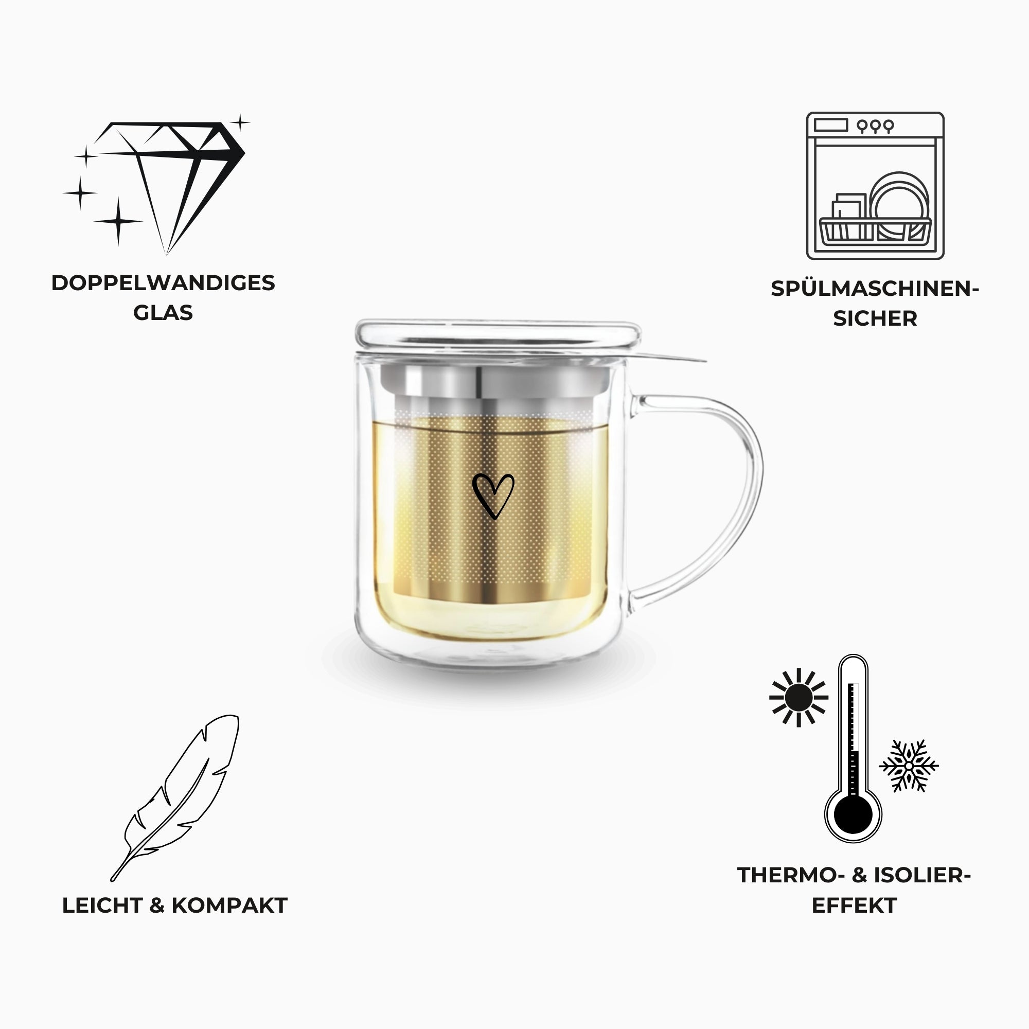 Thermotasse Glas "Start your day" · 350ml · inkl. Glasdeckel & Edelstahlsieb