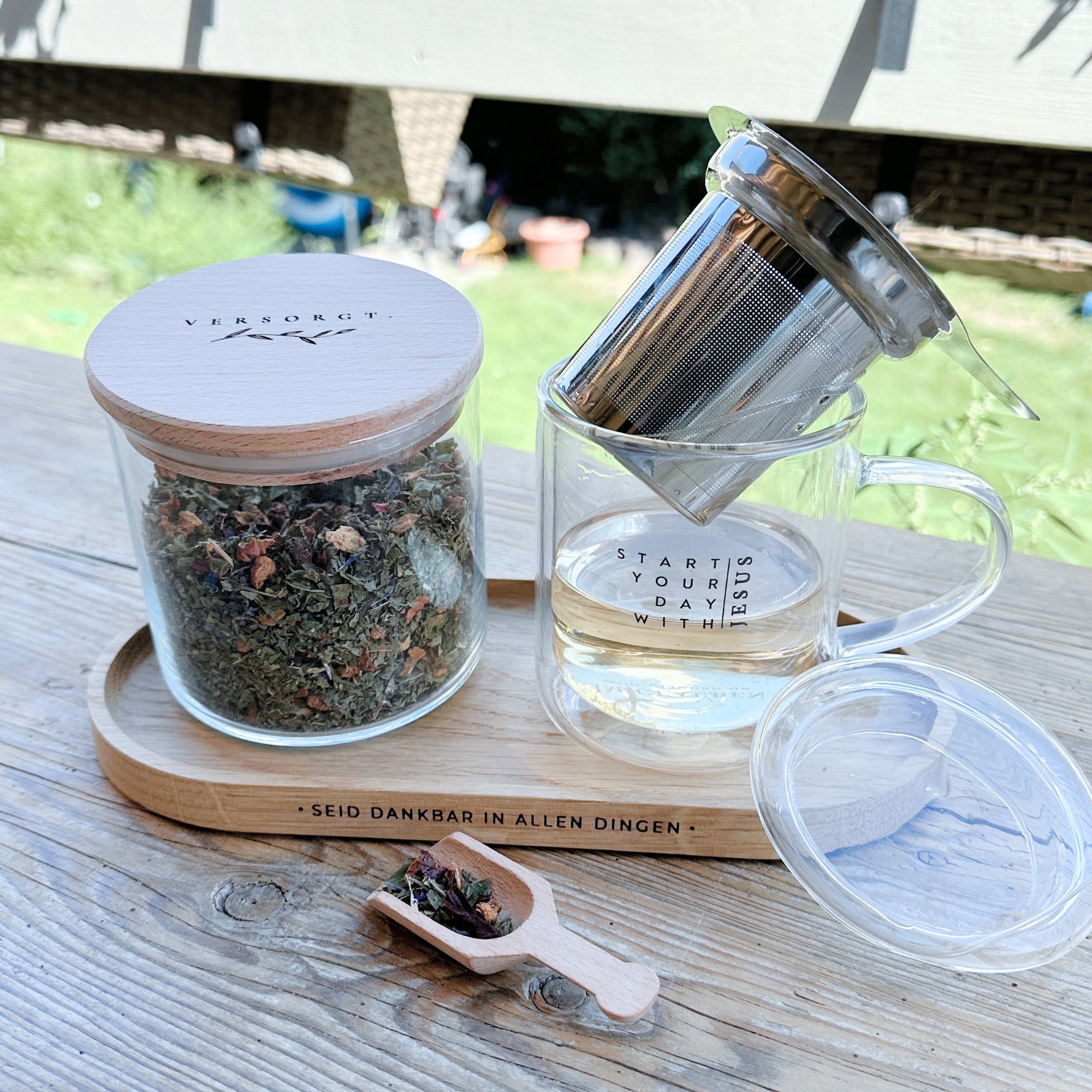 Thermotasse Glas "Start your day" · 350ml · inkl. Glasdeckel & Edelstahlsieb
