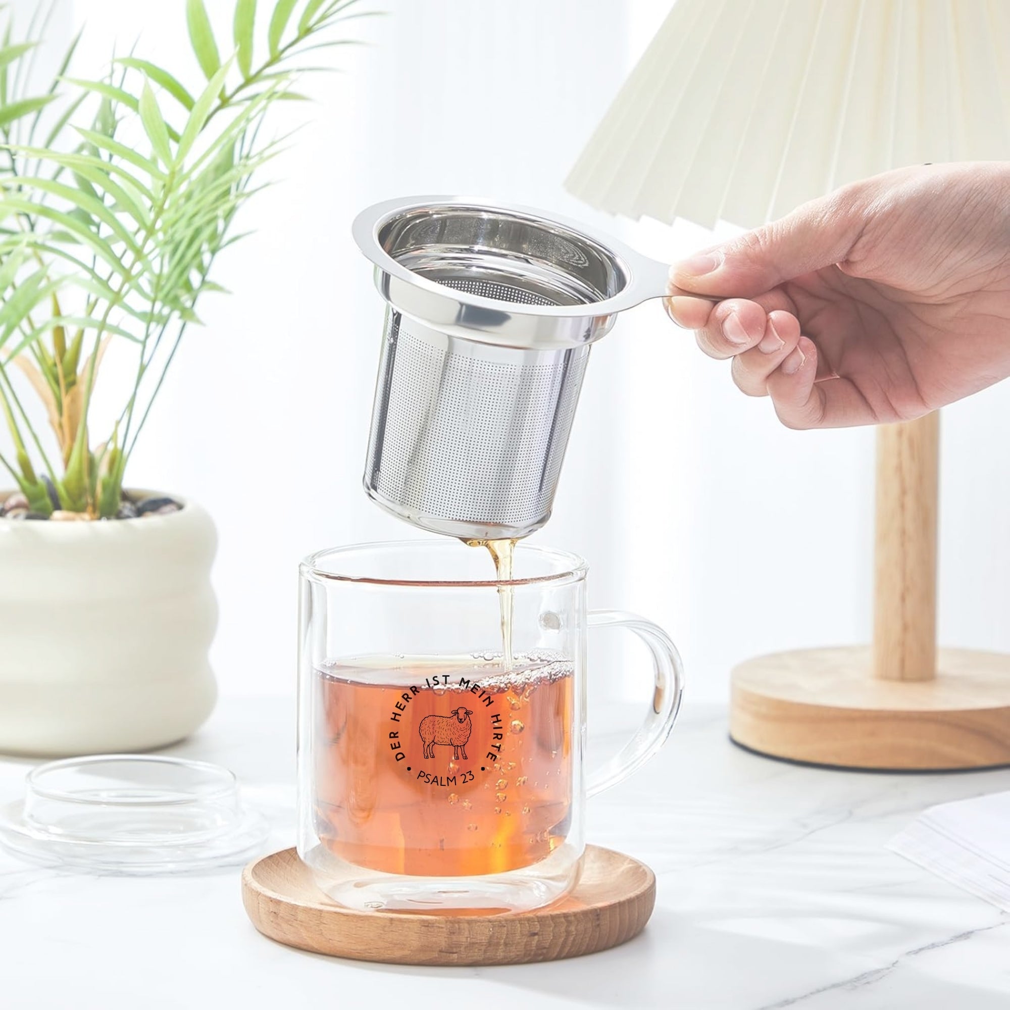 Thermotasse Glas "Mein Hirte" · 350ml · inkl. Glasdeckel & Edelstahlsieb