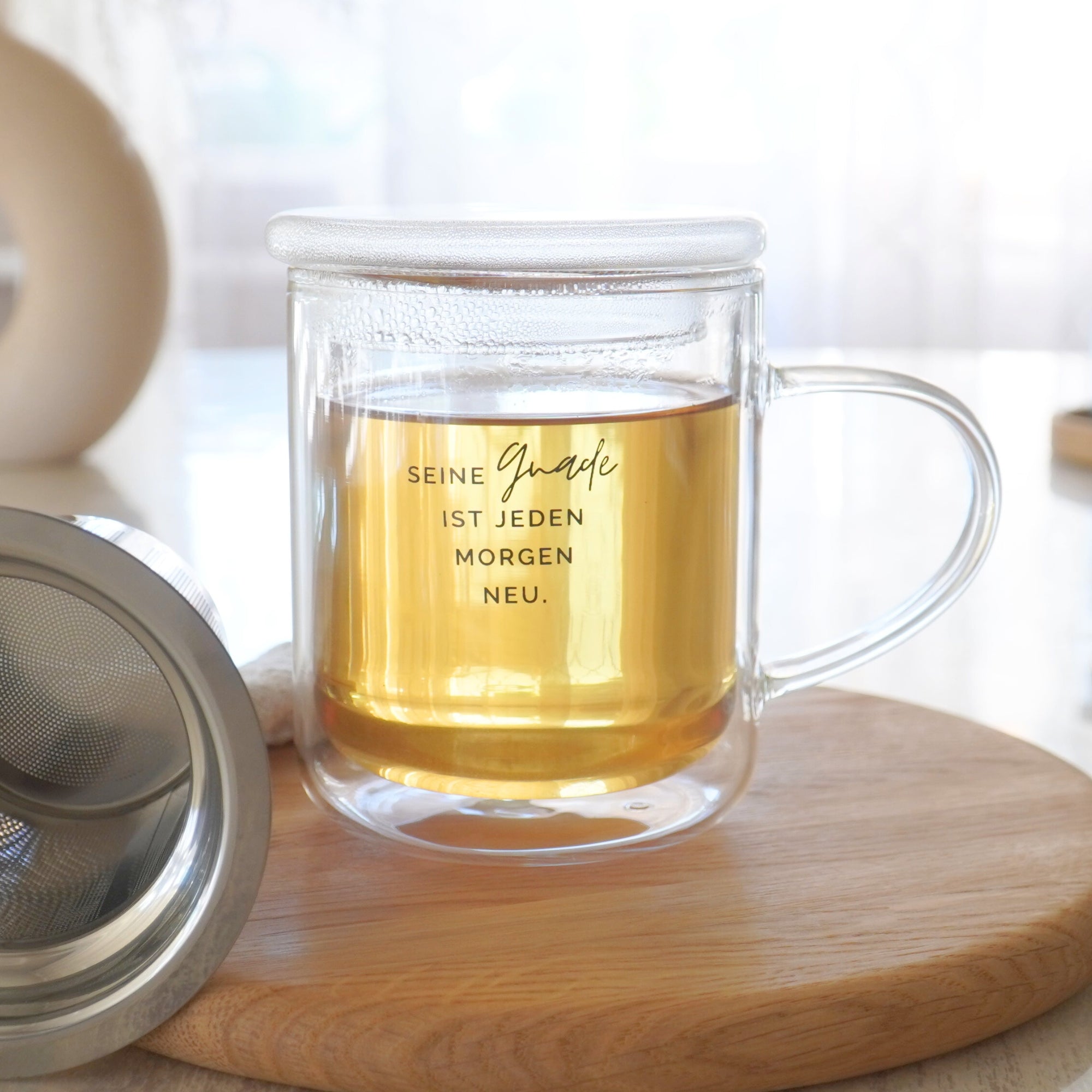 Thermotasse Glas "Seine Gnade" · 350ml · inkl. Glasdeckel & Edelstahlsieb
