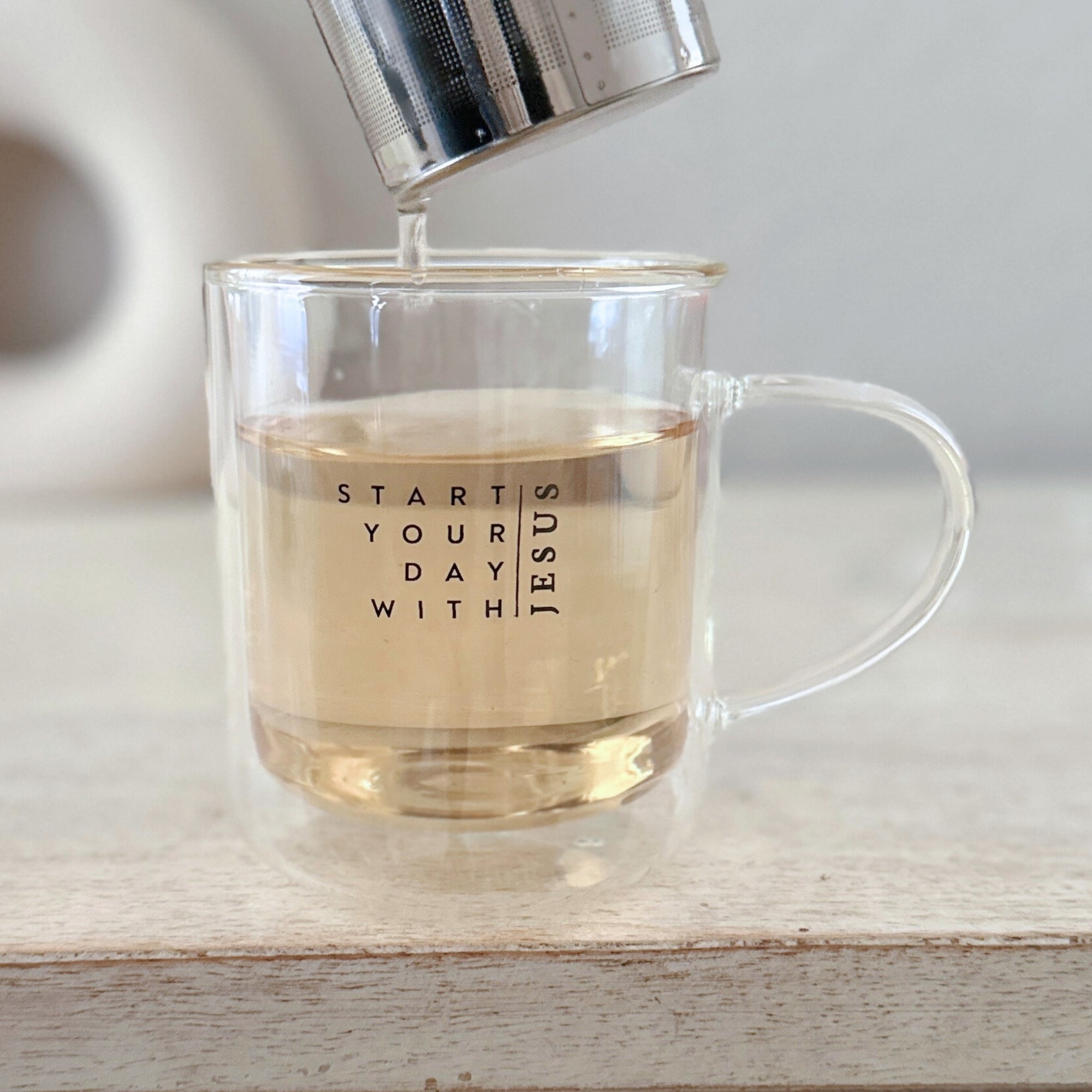 Thermotasse Glas "Start your day" · 350ml · inkl. Glasdeckel & Edelstahlsieb