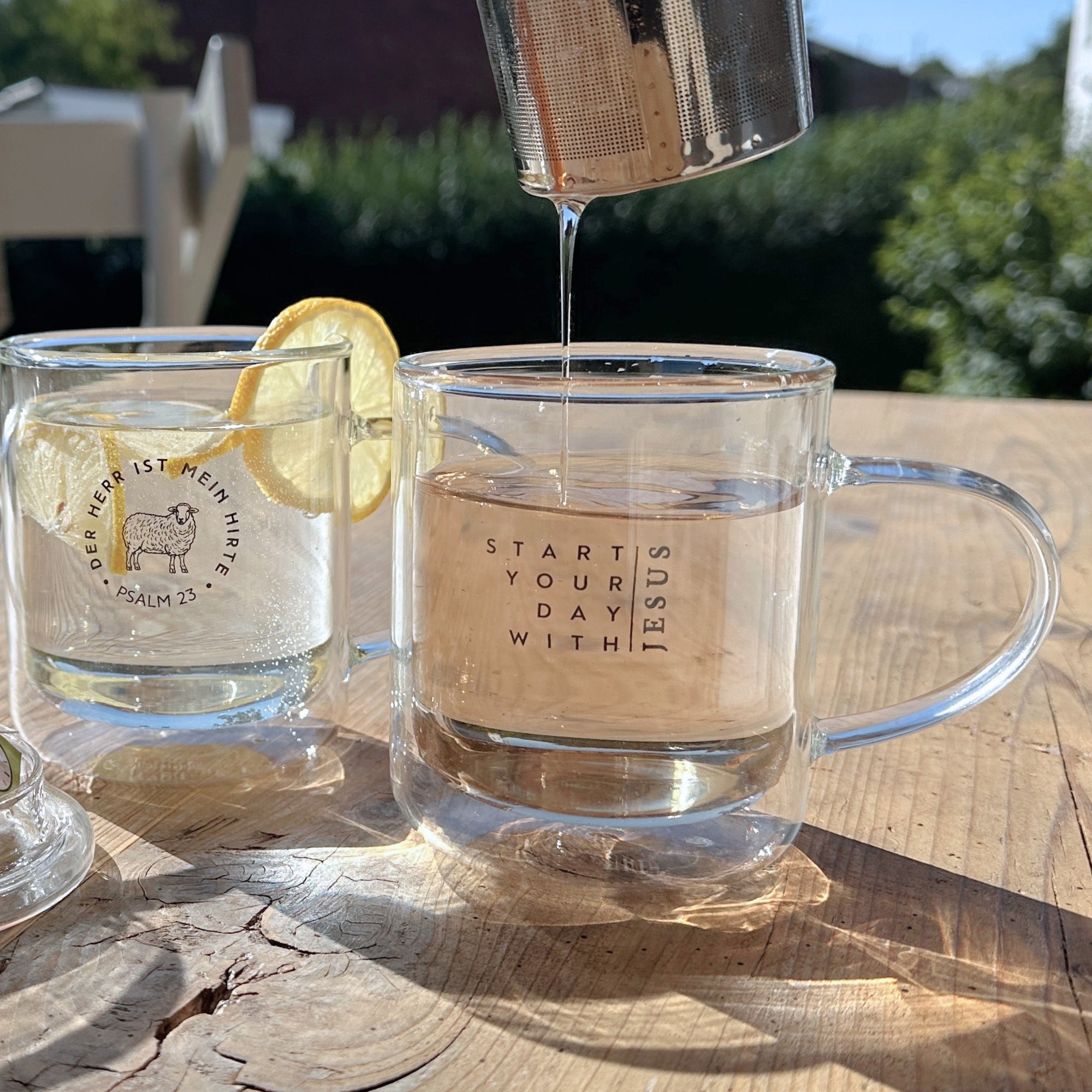 Thermotasse Glas "Start your day" · 350ml · inkl. Glasdeckel & Edelstahlsieb