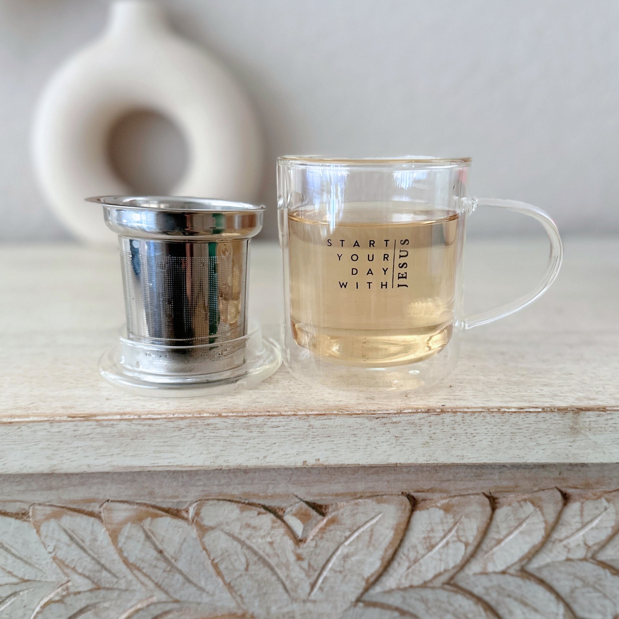 Thermotasse Glas "Start your day" · 350ml · inkl. Glasdeckel & Edelstahlsieb
