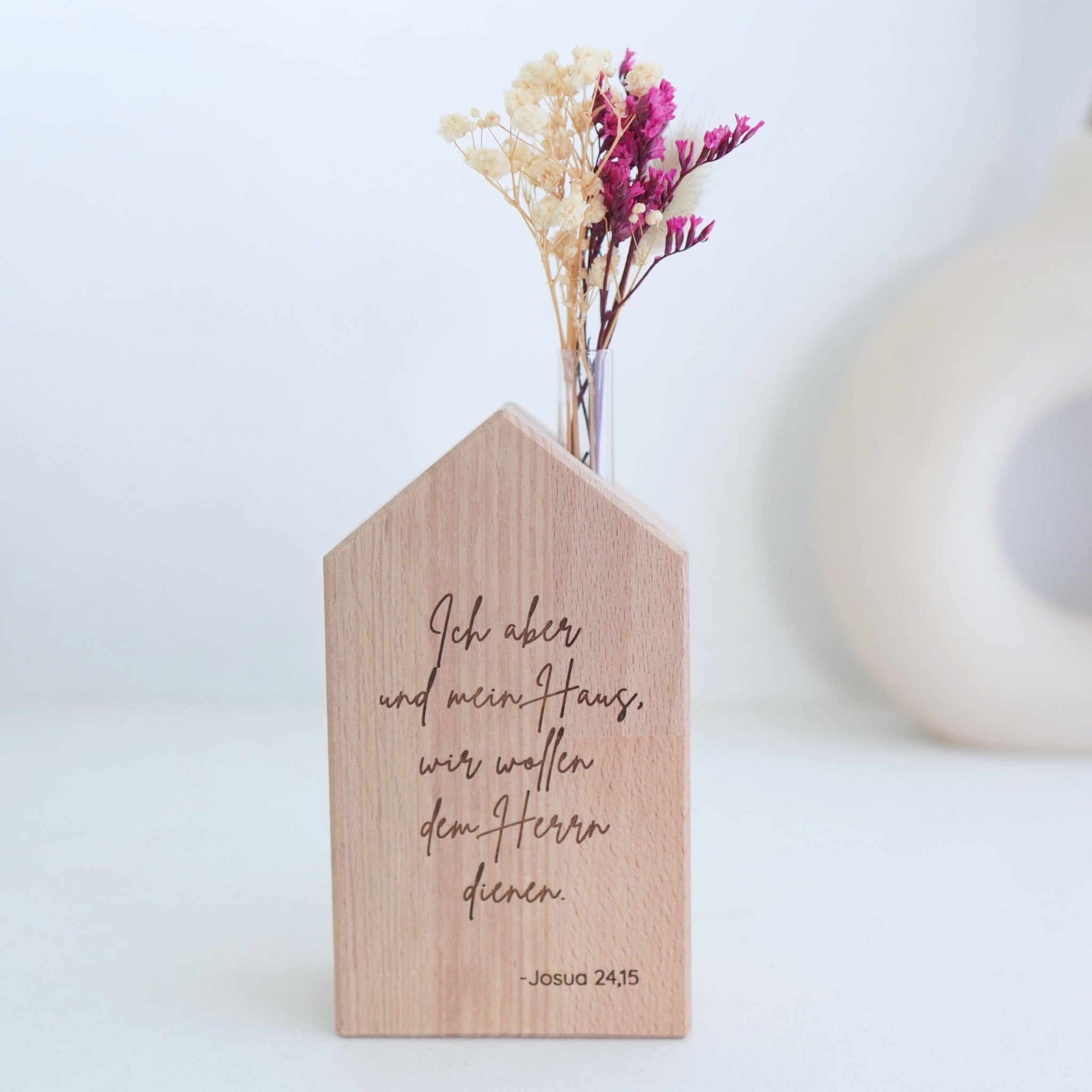 Holzvase-Haus "Mein Haus" mit Trockenblumen