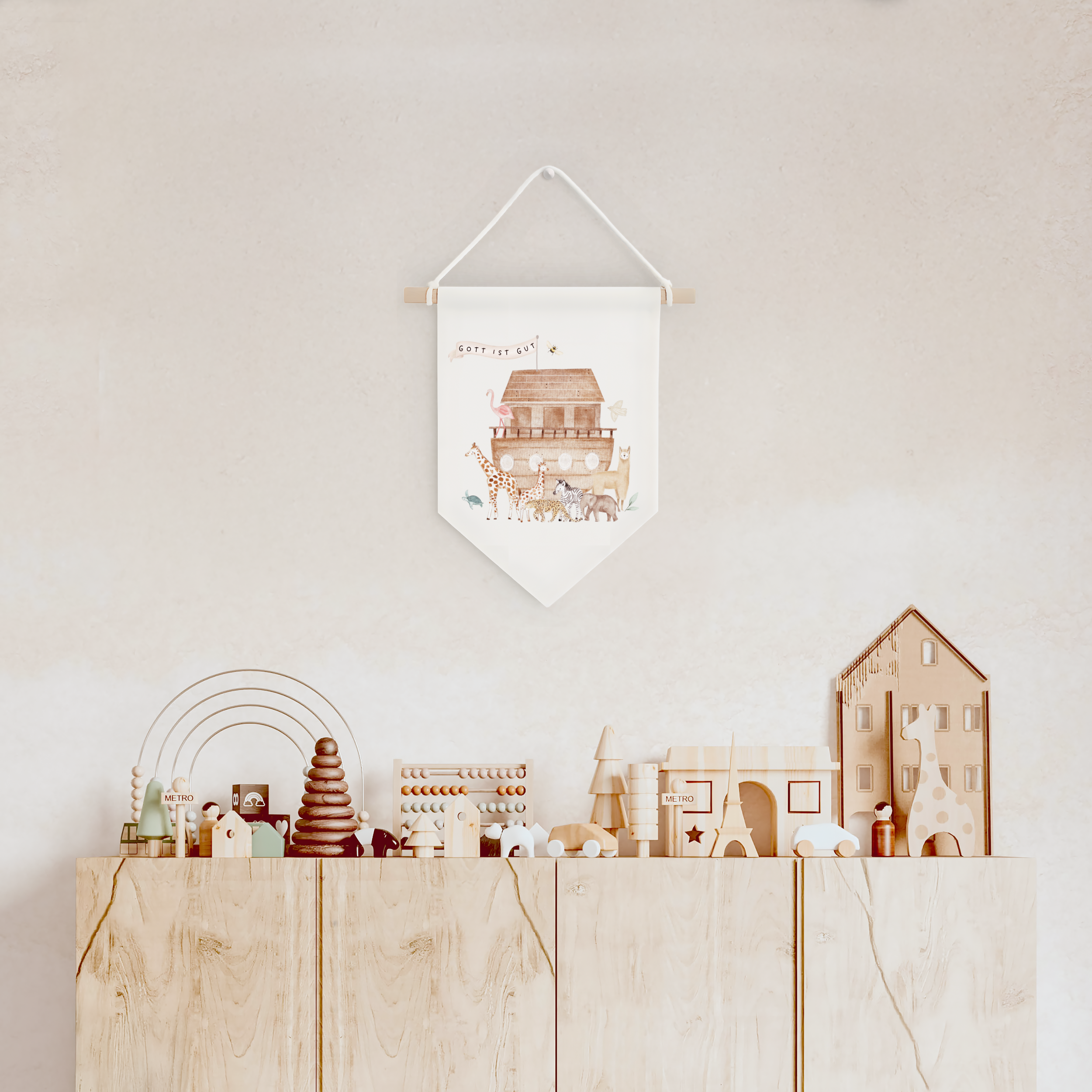 Leinwand-Wimpel mit Buchenholz-Aufhängung "Gott ist gut" · Arche Noah