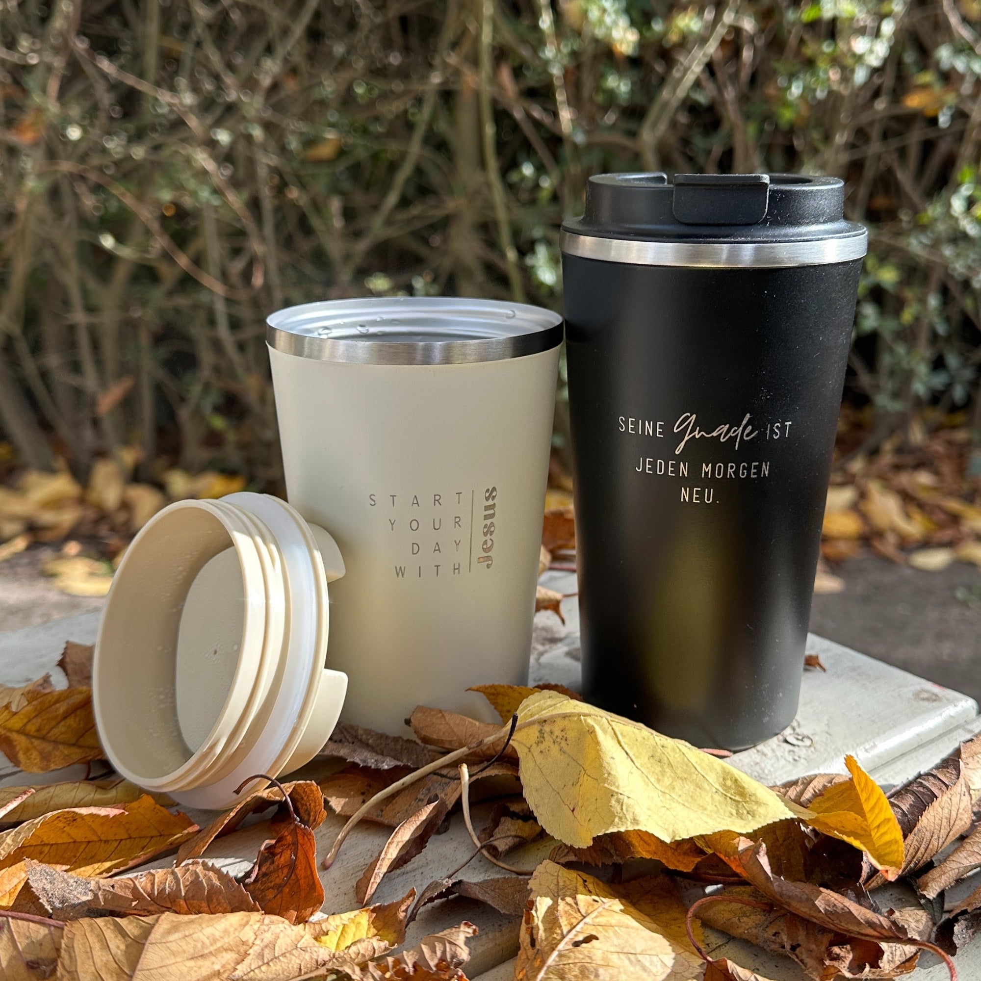 Edelstahlbecher "Start you day with Jesus" · Doppelwandig · Gravur