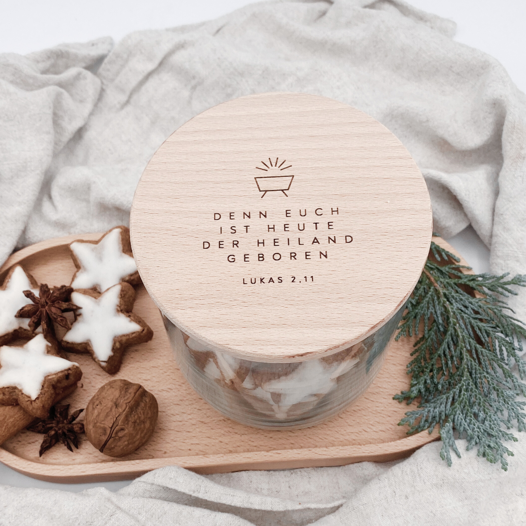 Vorratsglas mit Holzdeckel "Denn euch ist heute der Heiland geboren" Gravur・530 bis 880ml