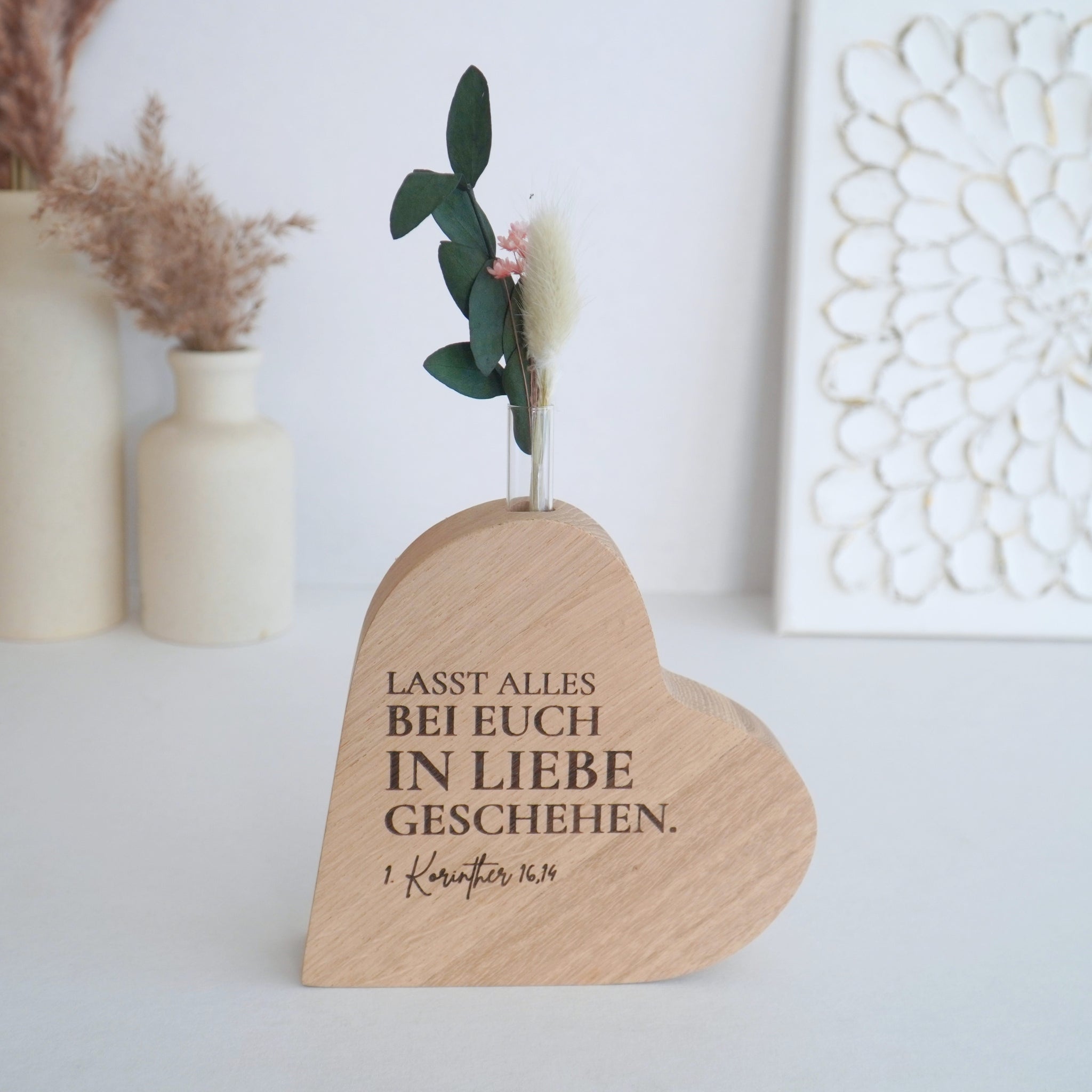 Holzvase-Herz "Alles in Liebe" Massivholz Eiche