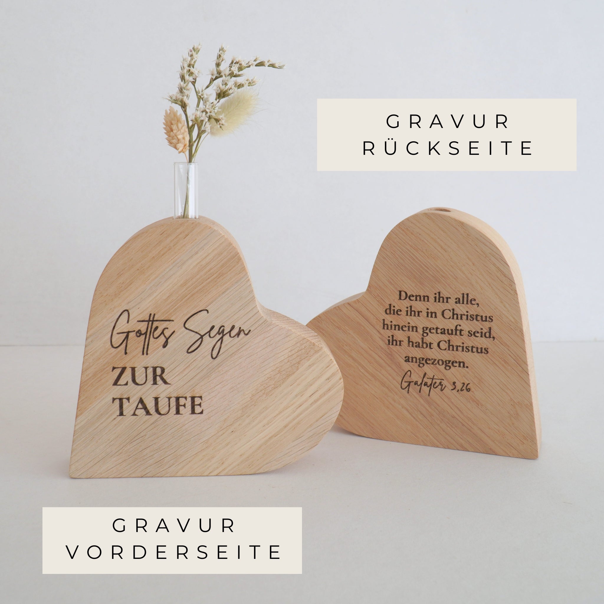 Holzvase-Herz "Gottes Segen zur Taufe" Massivholz Eiche