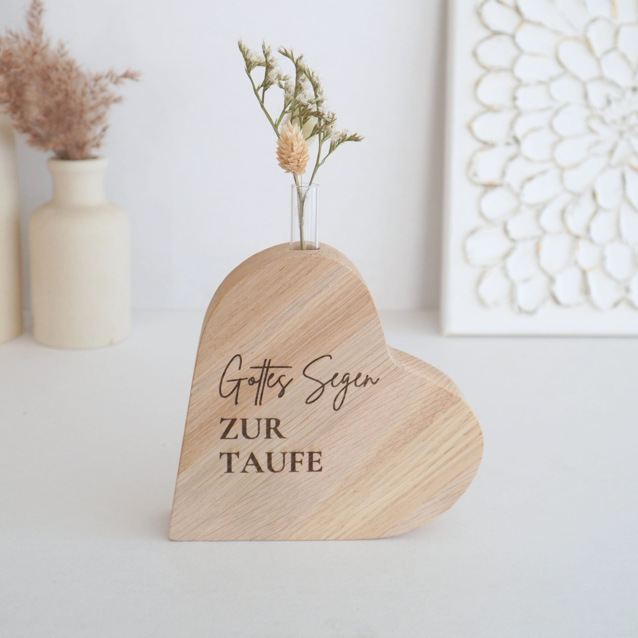 Holzvase-Herz "Gottes Segen zur Taufe" Massivholz Eiche