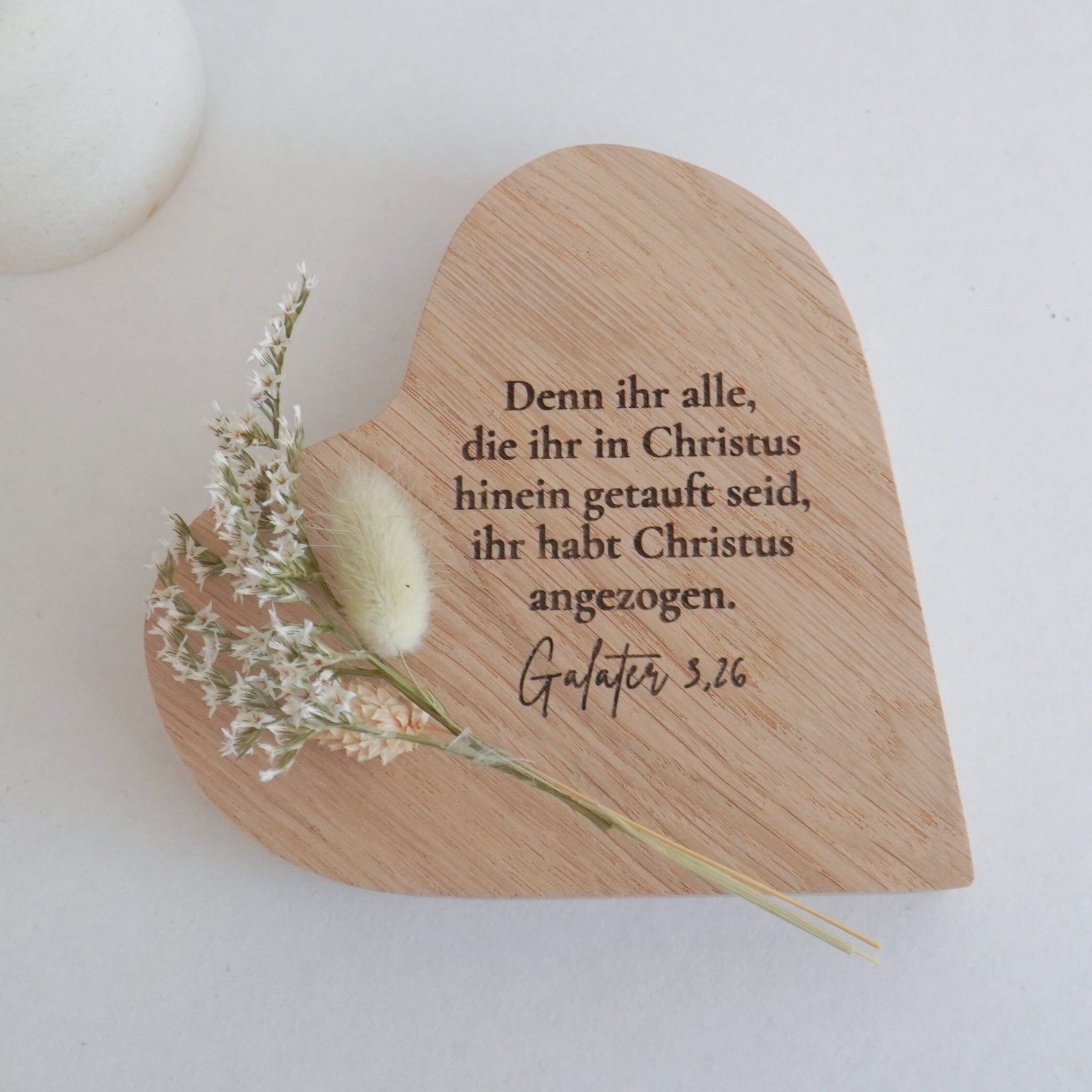 Holzvase-Herz "Gottes Segen zur Taufe" Massivholz Eiche