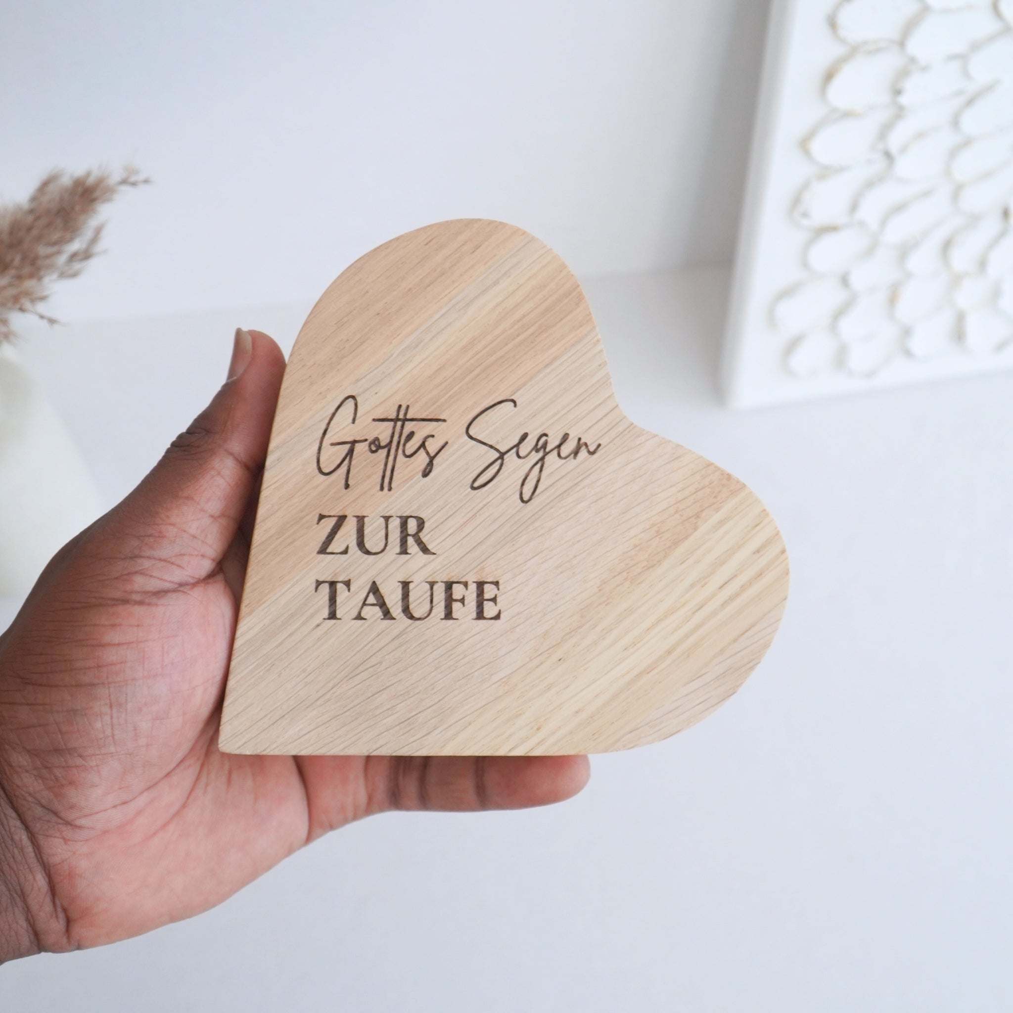 Holzvase-Herz "Gottes Segen zur Taufe" Massivholz Eiche