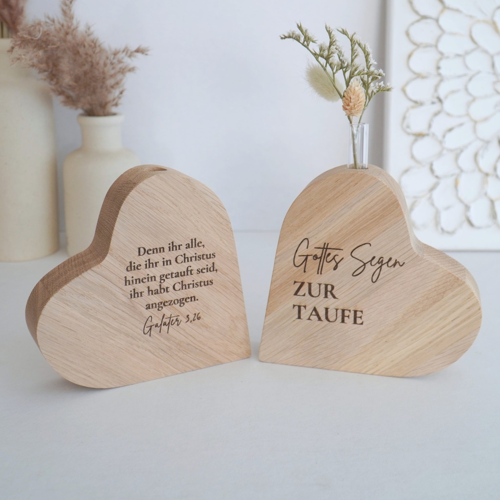 Holzvase-Herz "Gottes Segen zur Taufe" Massivholz Eiche
