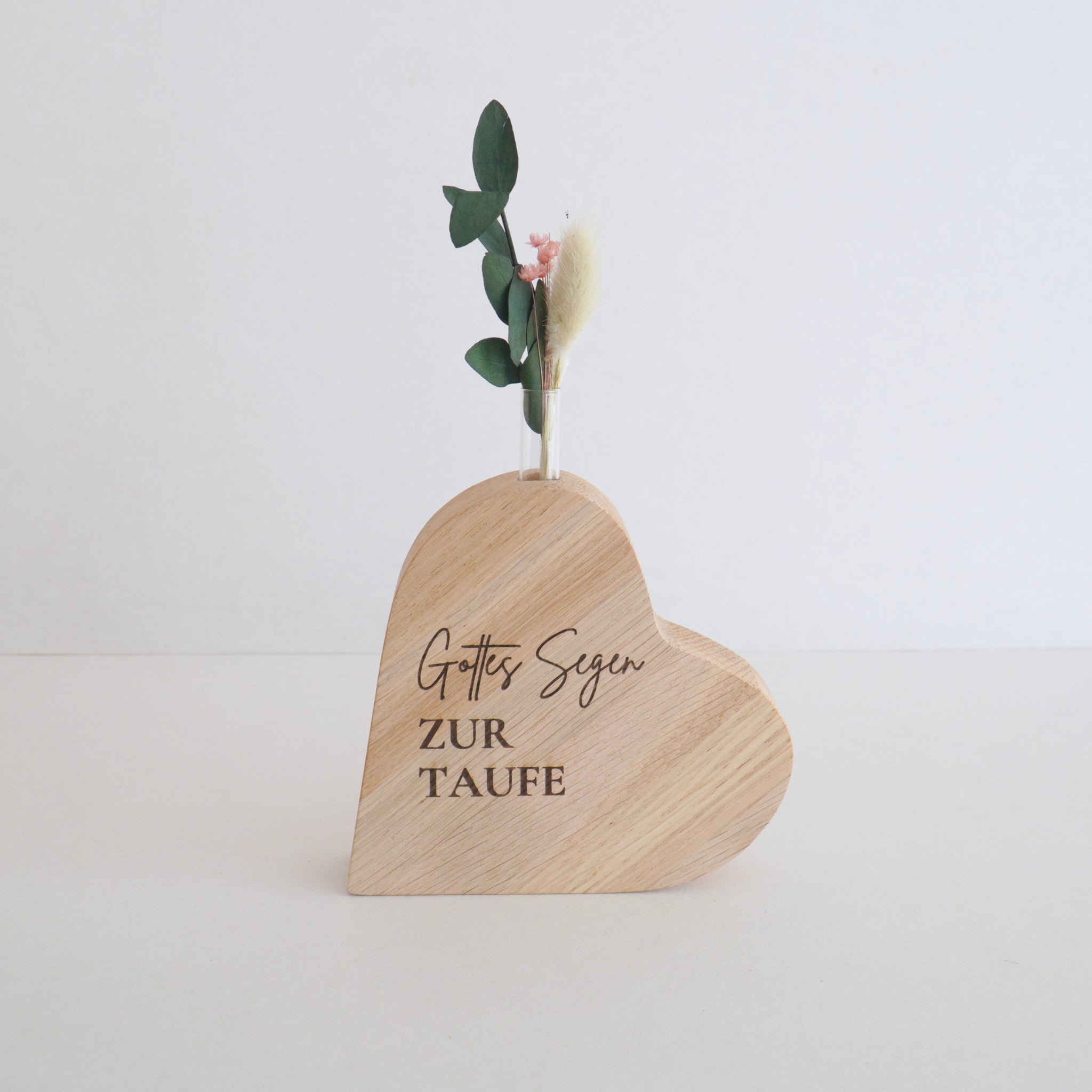 Holzvase-Herz "Gottes Segen zur Taufe" Massivholz Eiche