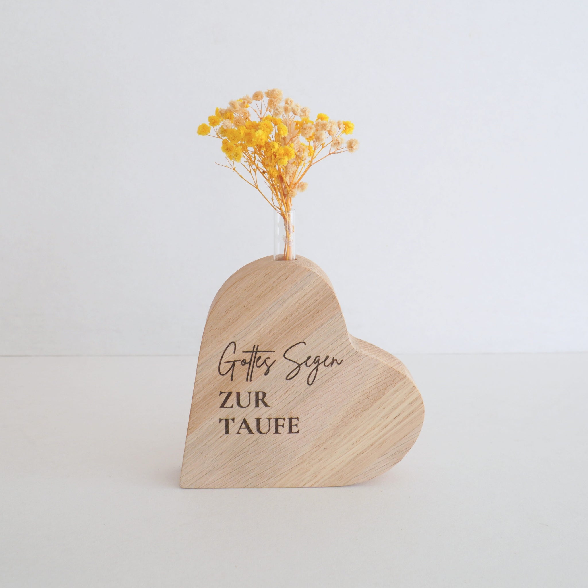 Holzvase-Herz "Gottes Segen zur Taufe" Massivholz Eiche