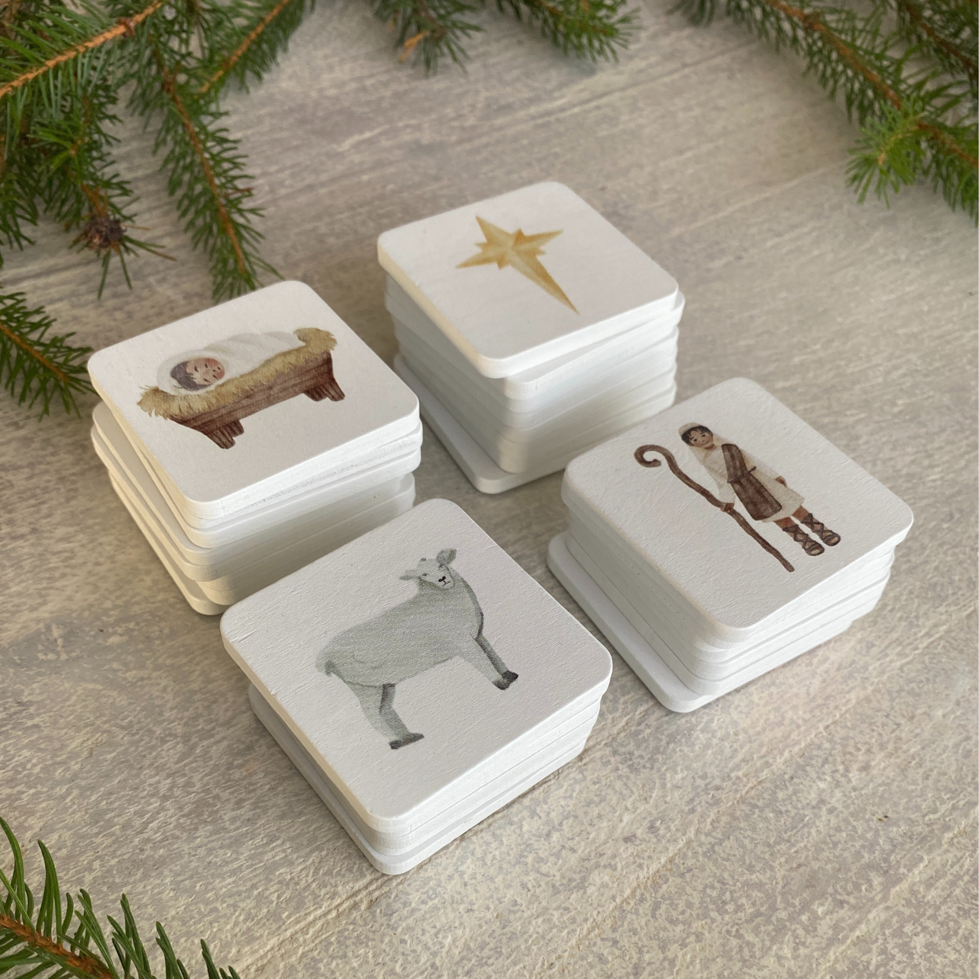 Holz-Memory Weihnachtsgeschichte | 30 Holzplättchen | Aquarell-Illustrationen | Lernspiel