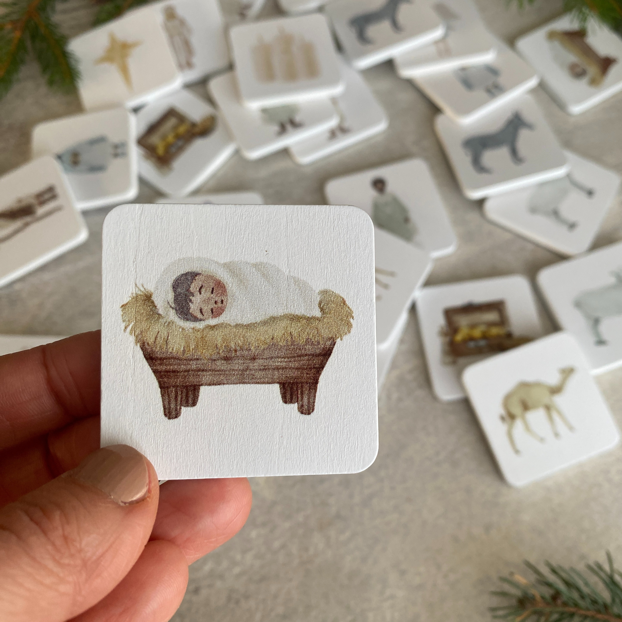 Holz-Memory Weihnachtsgeschichte | 30 Holzplättchen | Aquarell-Illustrationen | Lernspiel