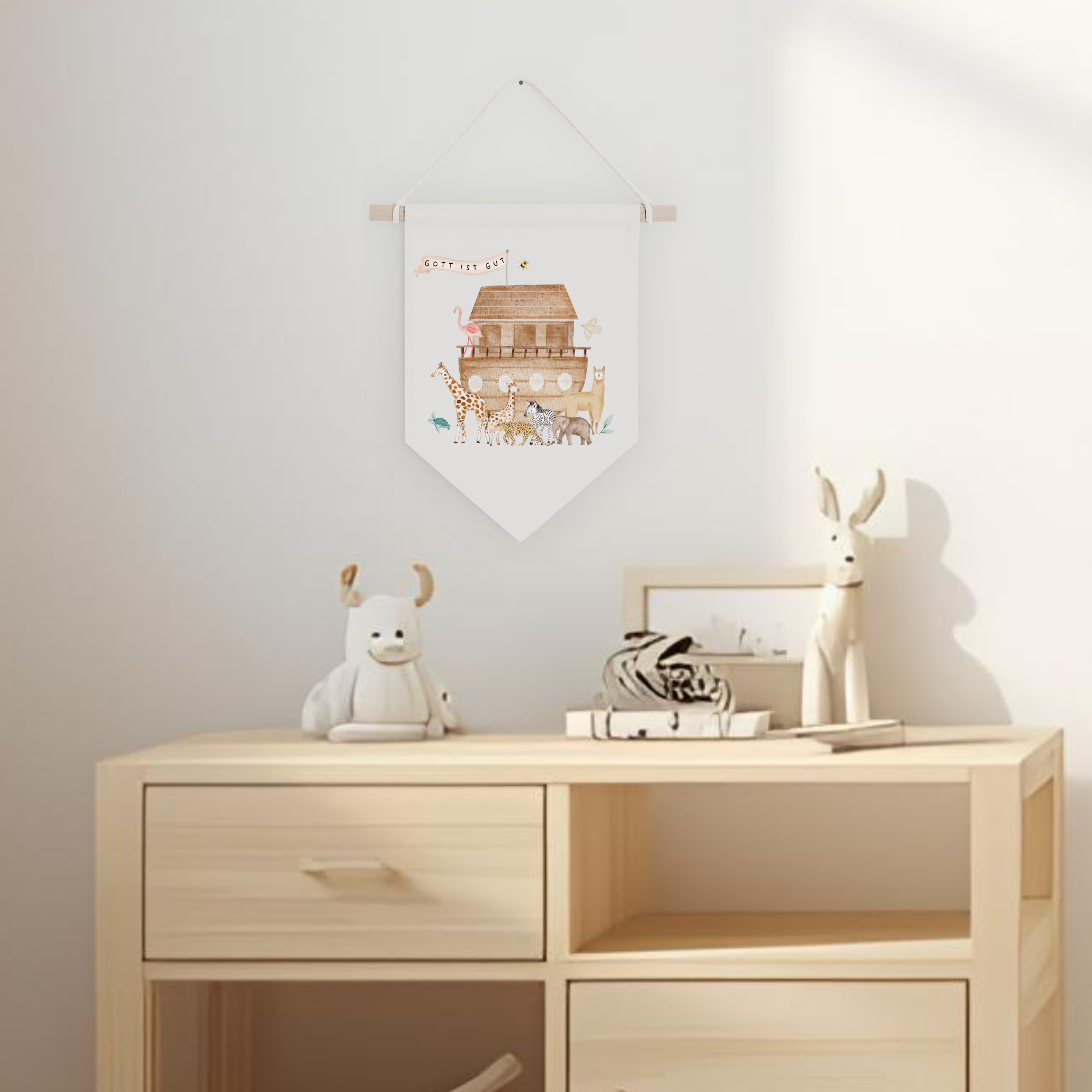 Leinwand-Wimpel mit Buchenholz-Aufhängung "Gott ist gut" · Arche Noah