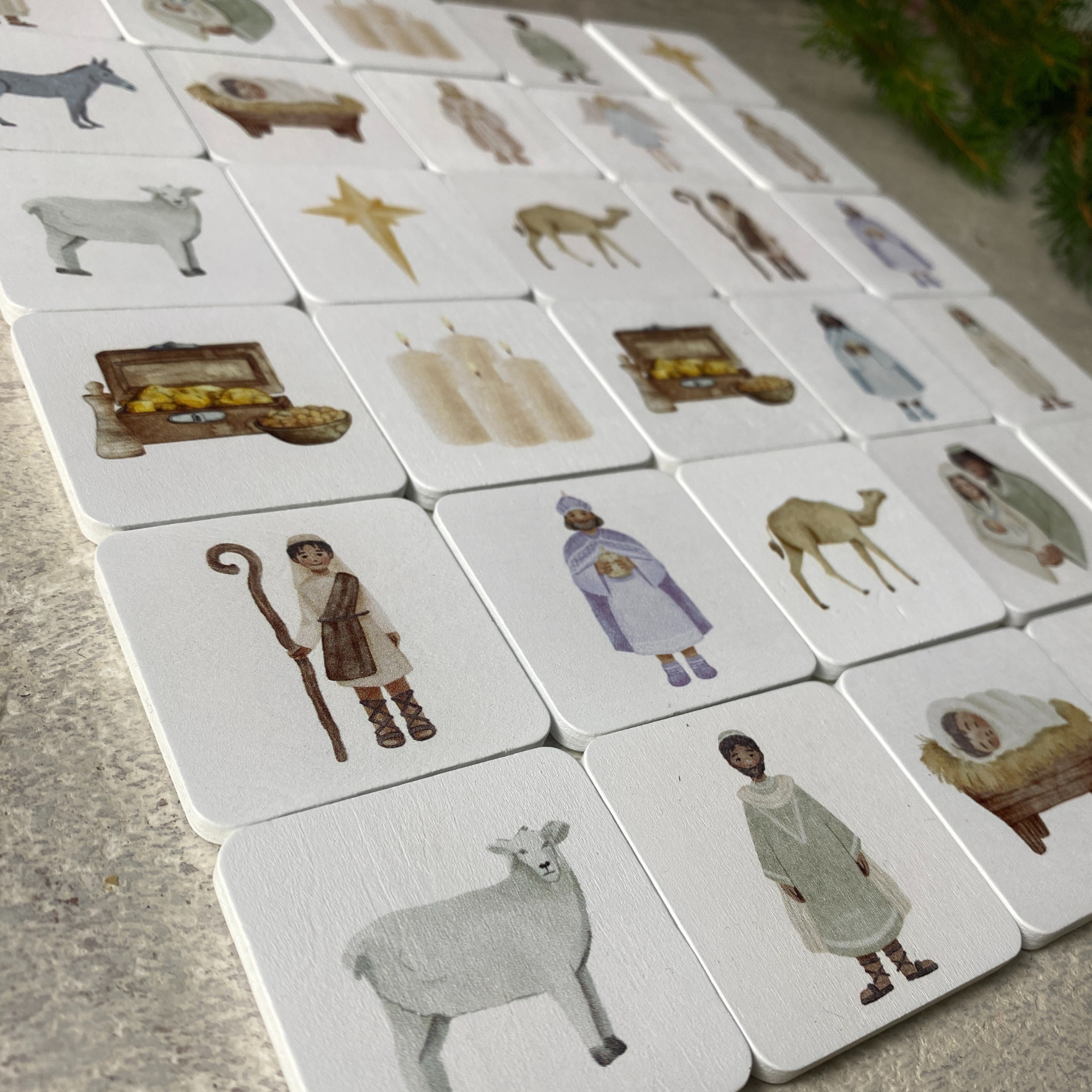 Holz-Memory Weihnachtsgeschichte | 30 Holzplättchen | Aquarell-Illustrationen | Lernspiel