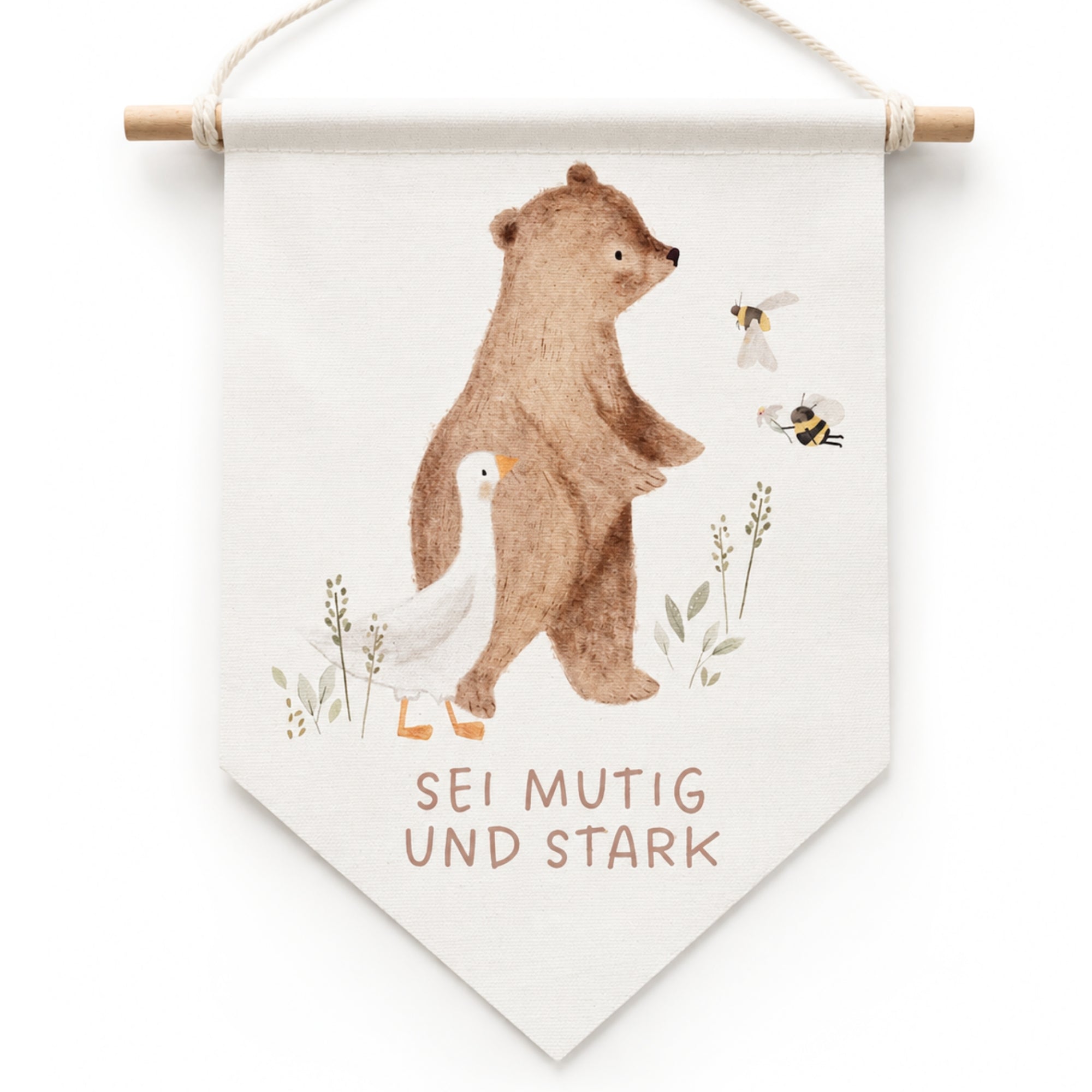 Leinwand-Wimpel mit Buchenholz-Aufhängung "Mutig und stark" · Bär mit Gans