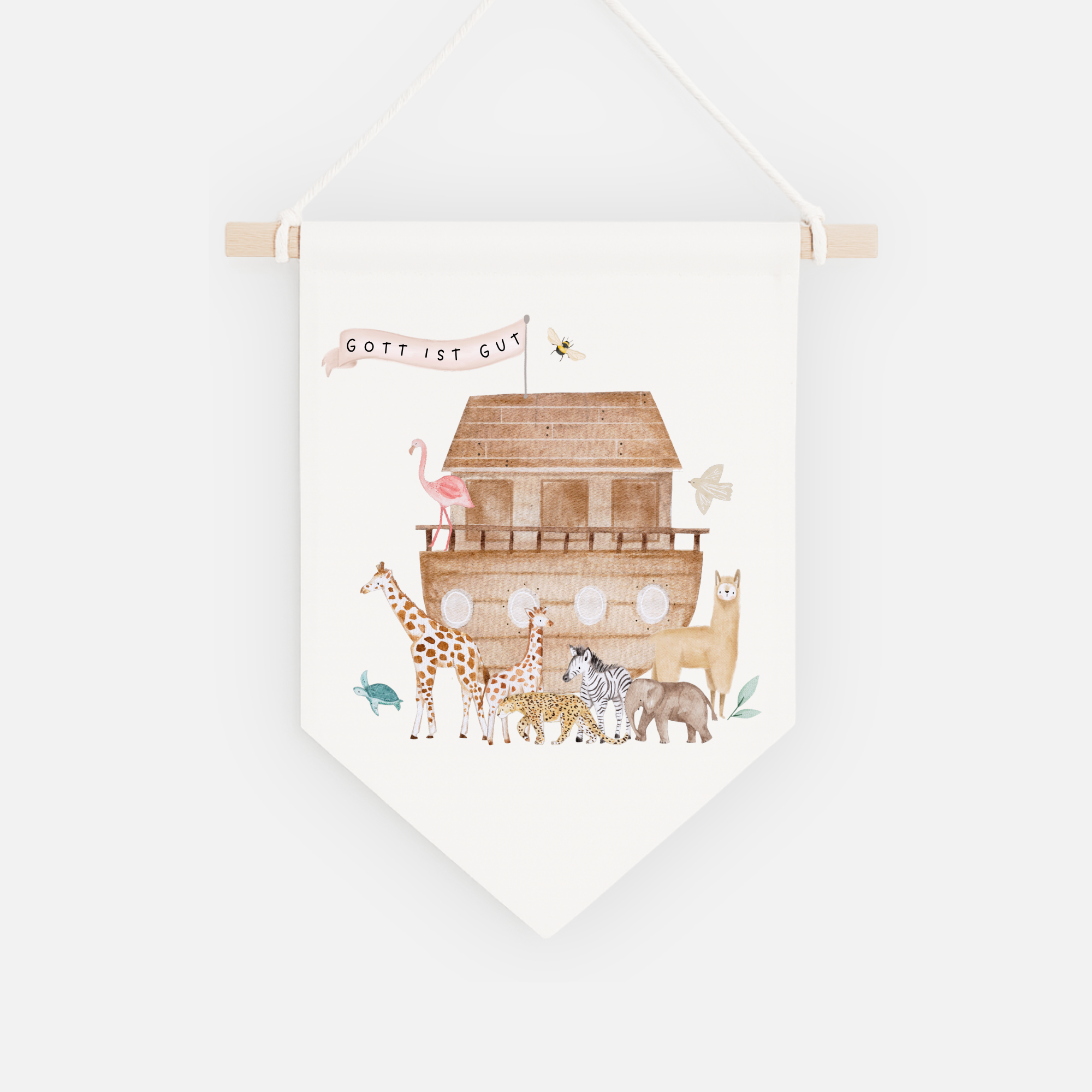 Leinwand-Wimpel mit Buchenholz-Aufhängung "Gott ist gut" · Arche Noah