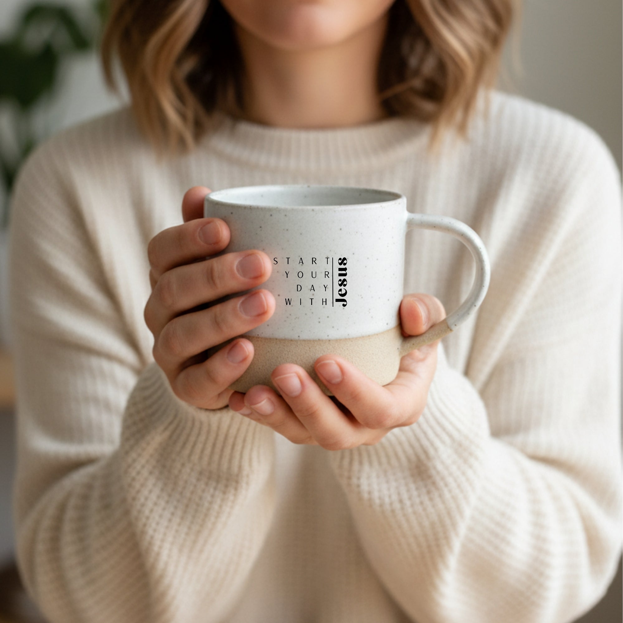 Handgemachte Tasse "Start your day with Jesus" 300ml - Graviert | RUSTY-M