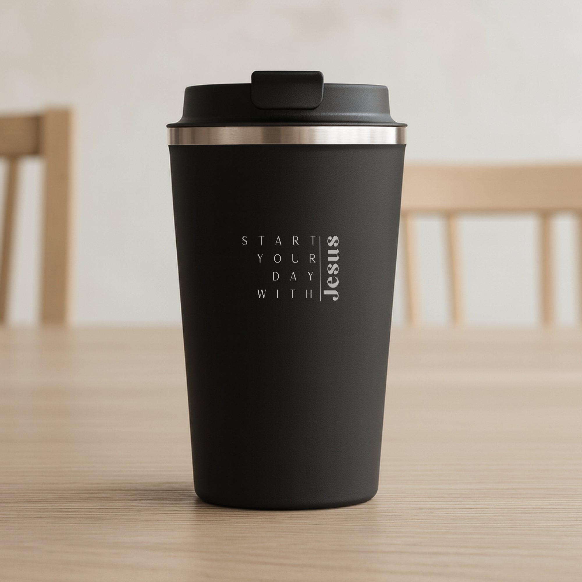 Edelstahlbecher "Start you day with Jesus" · Doppelwandig · Gravur