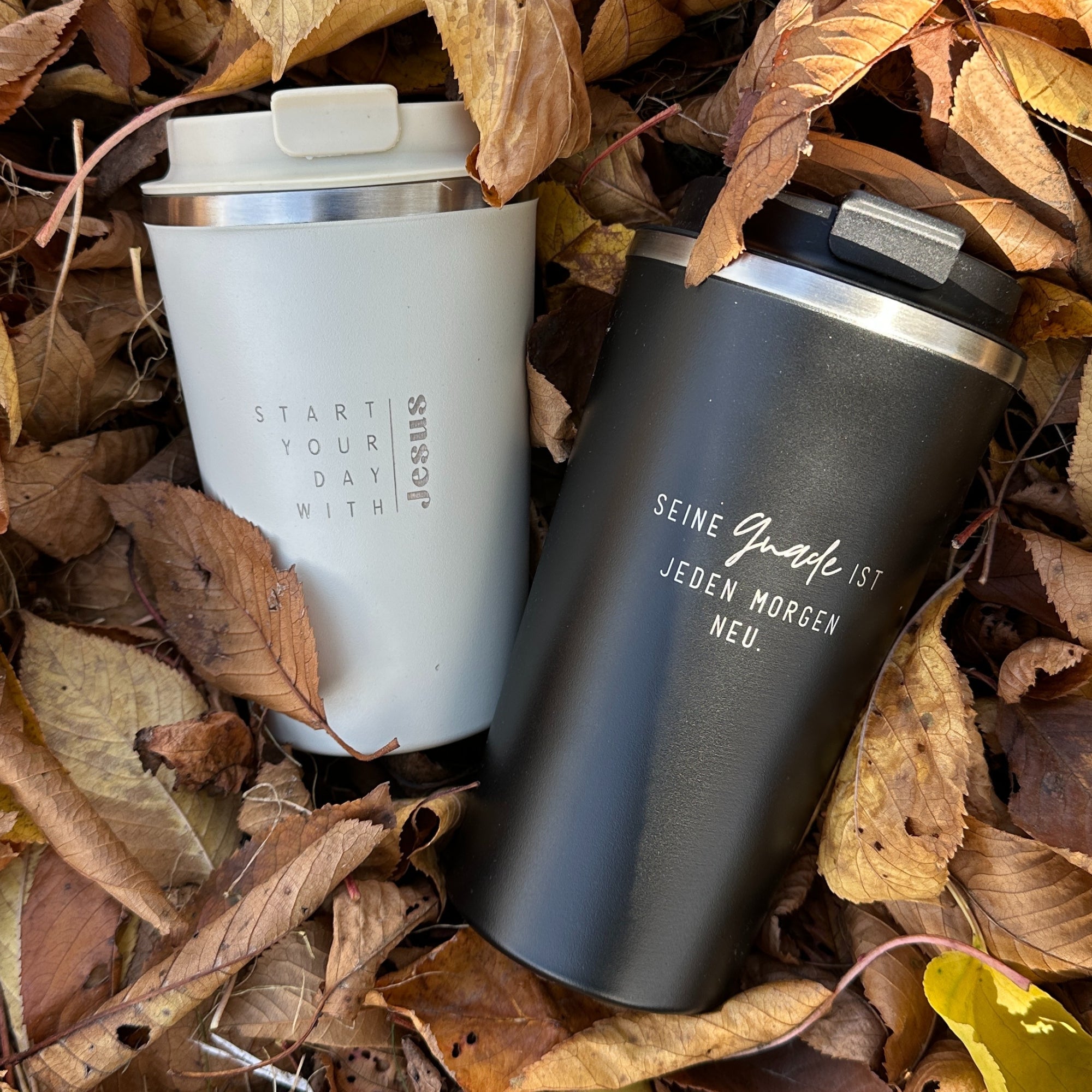 Edelstahlbecher "Start you day with Jesus" · Doppelwandig · Gravur