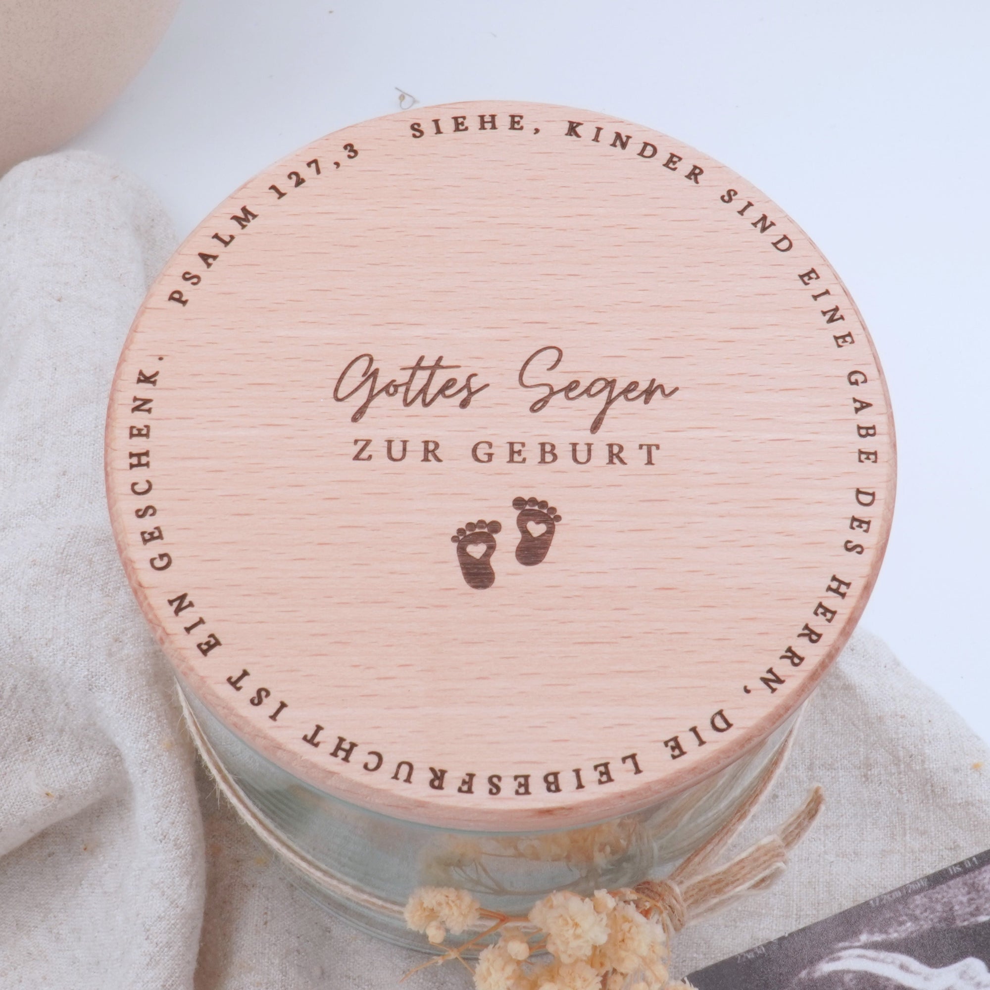 Vorratsglas mit Holzdeckel "Gottes Segen zur Geburt" Gravur・530 bis 880ml