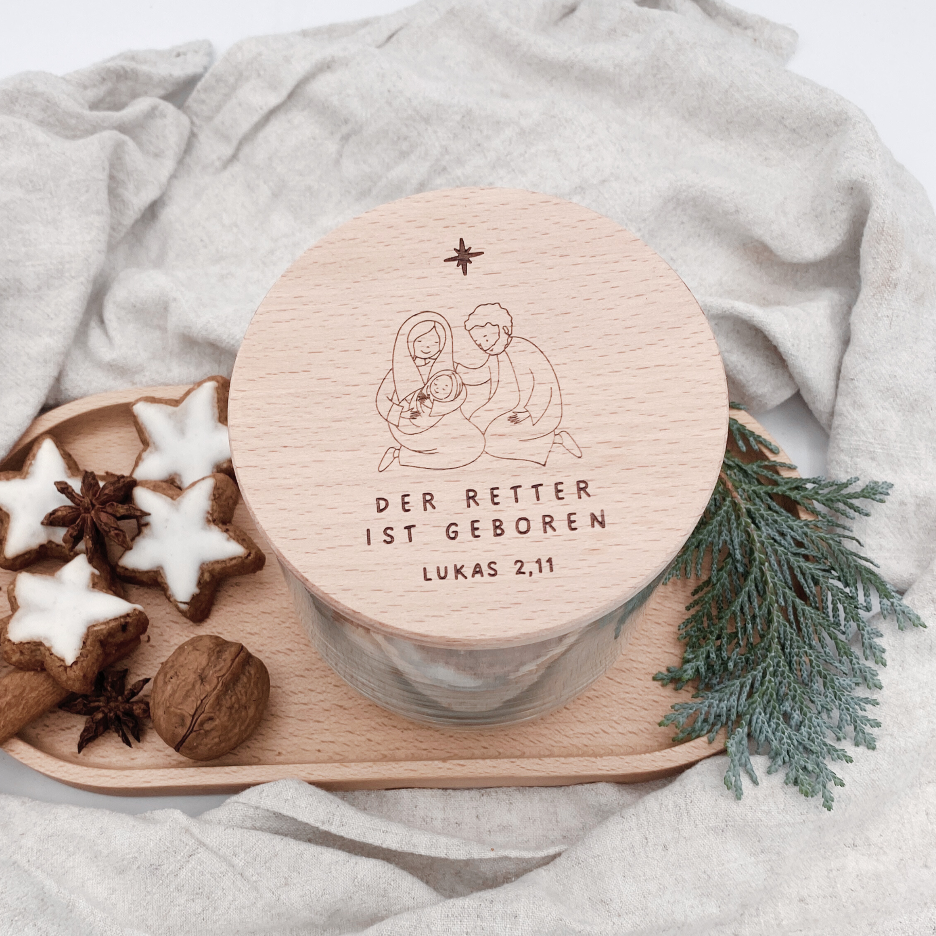 Vorratsglas mit Holzdeckel "Der Retter ist geboren" Gravur・530 bis 880ml