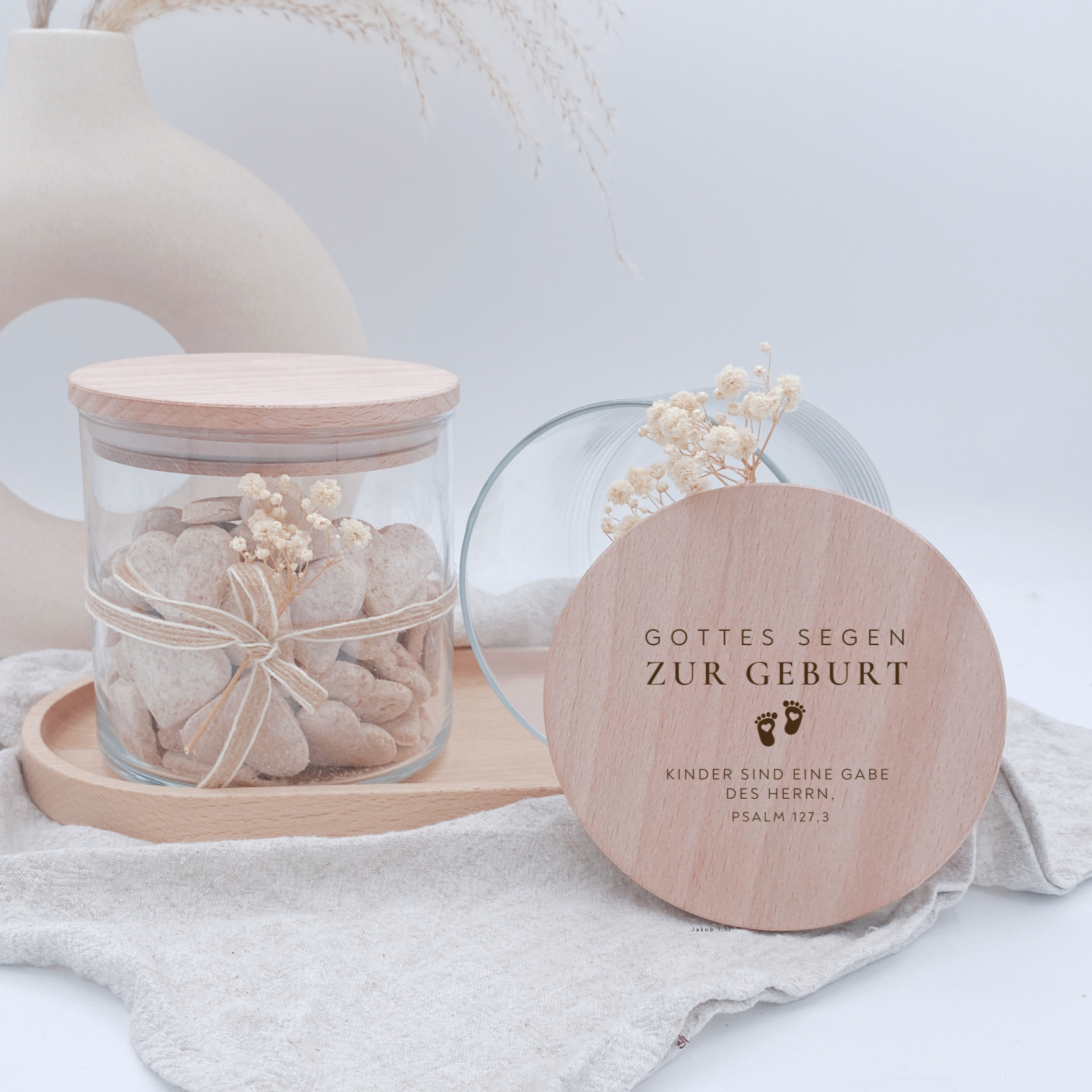 Vorratsglas mit Holzdeckel "Gottes Segen zur Geburt" Gravur・530 bis 880ml