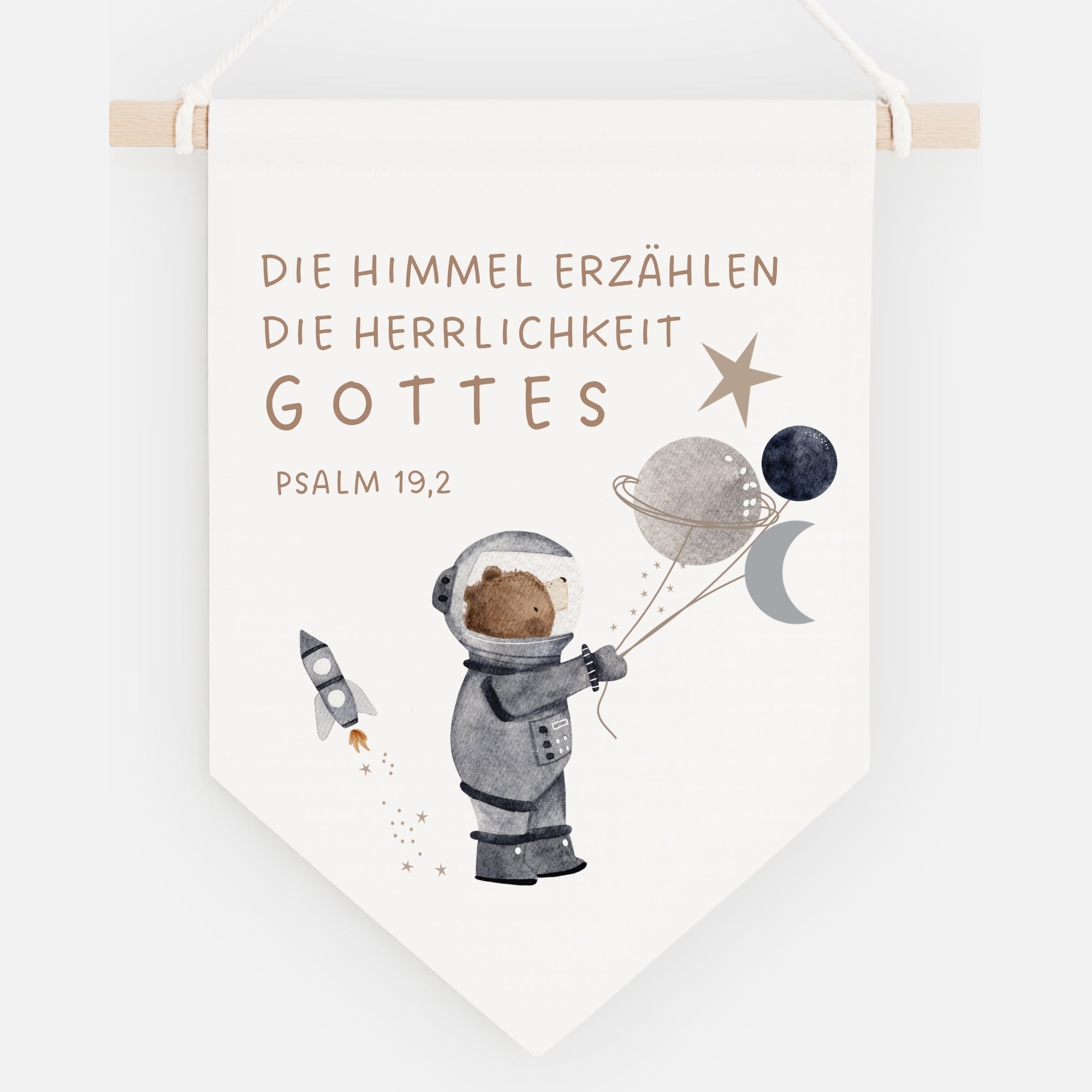 Leinwand-Wimpel mit Buchenholz-Aufhängung "Die Himmel erzählen" · Bär & Weltall